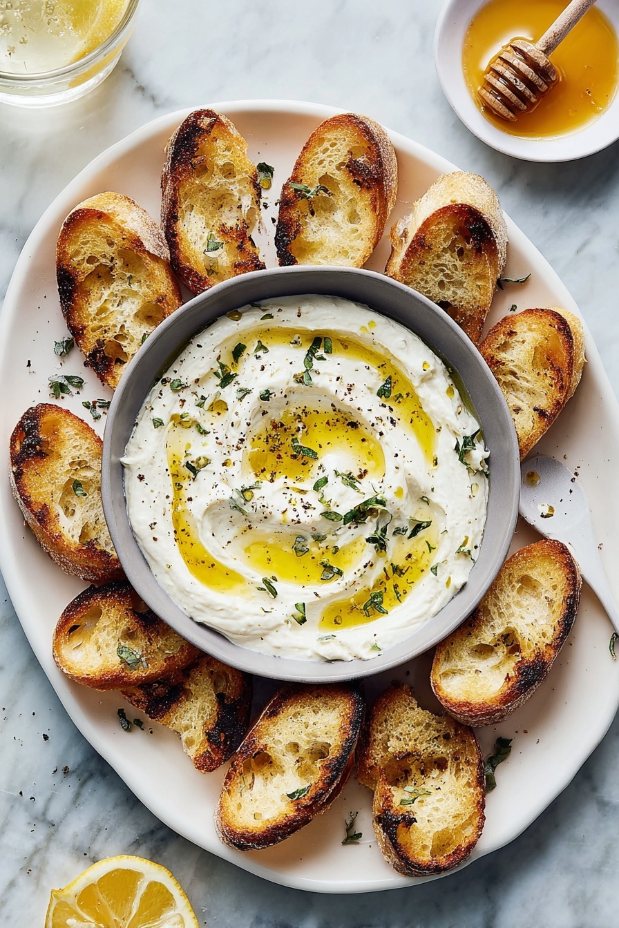 A white oval plate with a gray bowl in the center filled with creamy white dip swirled on top with golden olive oil and sprinkled with small green herb leaves and black pepper. Around the bowl, there are twelve golden toasted baguette slices, showing a crunchy texture with some darker grill marks and light seasoning. The setting includes a white marbled surface beneath the plate, a glass with half a lemon to the bottom left, a glass of water to the top left, and a small white bowl with light honey and a honey dipper at the top right. Photo taken with an iphone --ar 2:3 --v 7 - Whipped Ricotta Dip without Honey, easy ricotta appetizer, quick cheesy dip, fluffy ricotta dip, honey drizzle appetizer