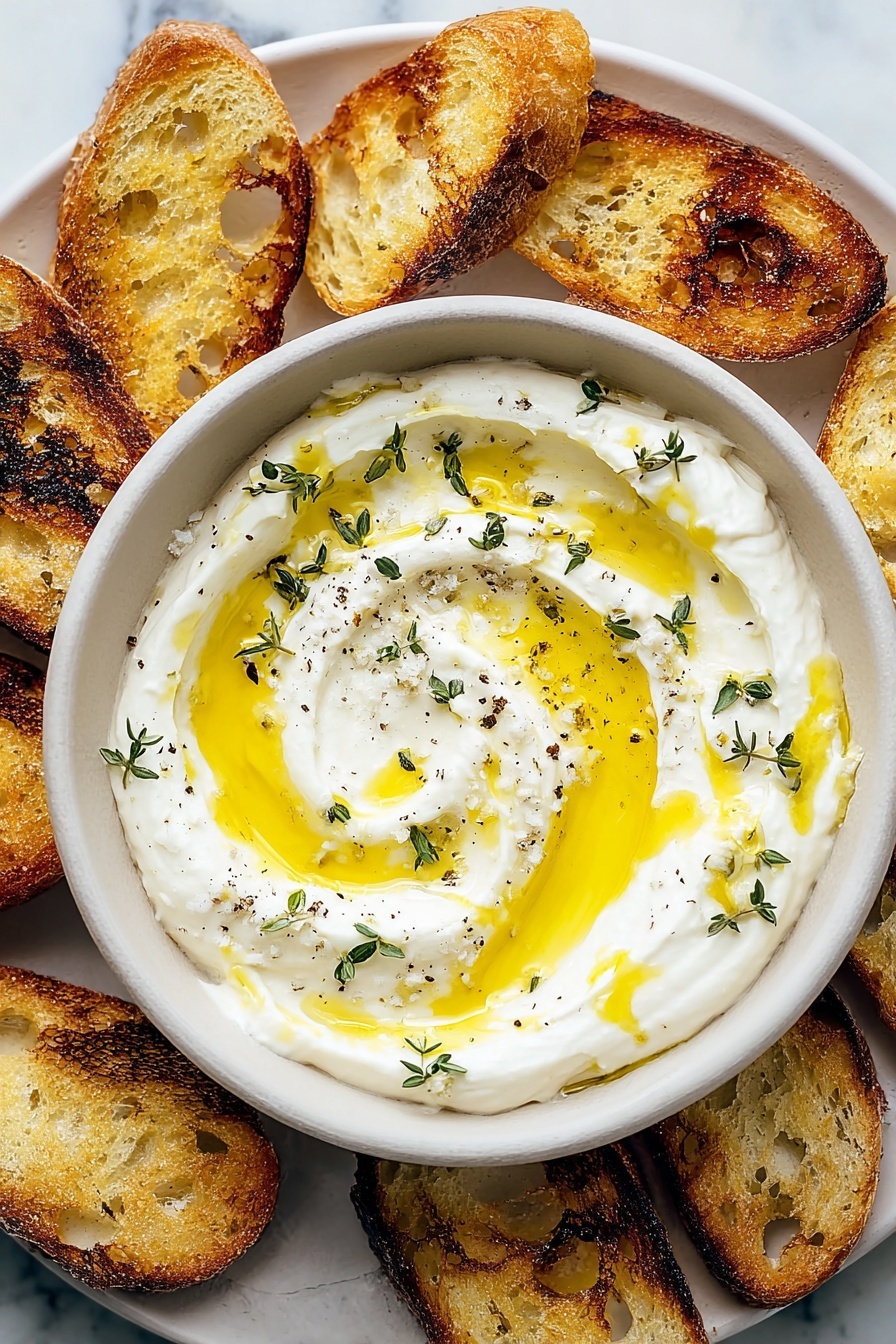This dish shows a white bowl filled with a creamy white puree, swirled in a circular pattern with some small pools of golden yellow oil on top. Bright green small herb leaves, likely thyme, are scattered evenly across the puree, with a light dusting of black pepper and coarse salt sprinkled over everything. On the edge of the bowl, two pieces of toasted bread with a light brown crust and some dark charred spots rest partially submerged in the creamy puree. The background surface is a white marbled texture. Photo taken with an iphone --ar 2:3 --v 7 - Whipped Ricotta Dip without Honey, easy ricotta appetizer, quick cheesy dip, fluffy ricotta dip, honey drizzle appetizer