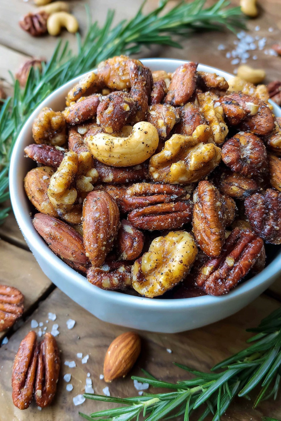 A white bowl filled with a mix of roasted nuts including whole almonds, pecans, and walnuts. The nuts have a crispy texture with a light brown color and are coated with visible seasoning specks. The bowl is placed on a wooden surface with some spilled nuts and coarse salt around it. Green rosemary sprigs frame the bowl, adding a fresh contrast. Photo taken with an iphone --ar 2:3 --v 7 - Rosemary Roasted Mixed Nuts, roasted mixed nuts, flavored nut snacks, rosemary nut recipe, homemade savory nuts