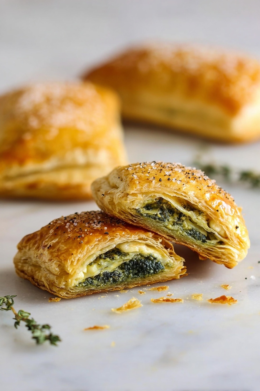 The image shows three golden-brown puff pastries on white parchment paper, arranged on a round wire rack over a white marbled surface. Each pastry has multiple flaky, layered crusts with a slightly crispy texture, and the top layer sprinkled with coarse salt and tiny green herb sprigs. One pastry edge reveals a darker, cooked filling inside. At the back, a small clear glass bowl contains dark amber syrup with a spoon resting inside it, and a blurred bowl of coarse salt is visible in the foreground. The overall look is warm and inviting, with natural light highlighting the flaky layers and rich colors of the pastries. photo taken with an iphone --ar 2:3 --v 7 - Vegan Caramelized Onion Spinach Puff Pastry, vegan puff pastry recipes, savory vegan puff pastries, caramelized onion vegan appetizer, spinach vegan pastry ideas