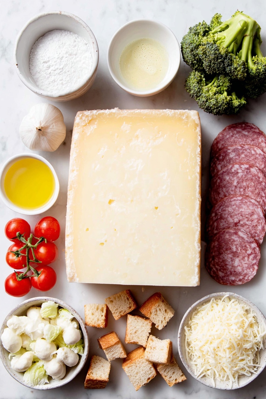 Flat lay of firm alpine-style cheese wedge, block of fontina cheese, wedge of gouda cheese, small white ceramic bowl with cornstarch powder, small white ceramic bowl with dry white wine, whole garlic clove, small white ceramic bowl with fresh lemon juice, small white ceramic bowl with brandy, small white ceramic bowl with Dijon mustard, small white ceramic bowl with ground nutmeg, boiled baby new potatoes with skins, lightly steamed broccoli florets, lightly steamed cauliflower florets, lightly steamed asparagus spears, button mushrooms without stems, fresh cherry tomatoes, slices of firm green apple, cooked sliced hot sausage, cubes of French bread, cubes of sourdough bread, cubes of pumpernickel bread, all ingredients arranged symmetrically and naturally placed on a clean white marble surface, soft natural light, photo taken with an iPhone, professional food photography style, fresh ingredients, white ceramic bowls, no bottles, no duplicates, no utensils, no packaging --ar 2:3 --v 7 --p m7354615311229779997 - Cheese Fondue with Wine and Dippers, cheese fondue recipe with wine, Swiss cheese fondue ideas, easy cheese fondue for beginners, creamy cheese fondue dip