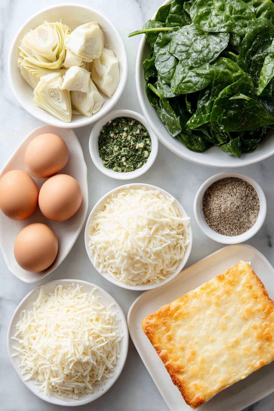 Flat lay of fresh chopped spinach leaves loosely piled in a small white ceramic bowl, tender artichoke hearts quartered and placed in a simple white dish, a small white bowl holding finely minced fresh garlic, a neat mound of grated pale parmesan cheese on a white plate, a soft chunk of cream cheese on a white ceramic square dish, shredded creamy mozzarella cheese half in a small white bowl and the other half sprinkled on a white plate, whole uncracked brown eggs arranged symmetrically to represent the dairy source, a small white bowl with coarse garlic salt mixed with fresh green parsley flakes, freshly ground black peppercorns in a tiny white bowl, and a plain, unrolled crescent dough sheet laid flat on a white plate, placed on a clean white marble surface, soft natural light, photo taken with an iPhone, professional food photography style, fresh ingredients, white ceramic bowls, no bottles, no duplicates, no utensils, no packaging --ar 2:3 --v 7 --p m7354615311229779997 - Spinach Artichoke Bites, spinach artichoke appetizer, cheesy spinach bites, quick party snacks, easy spinach artichoke snacks