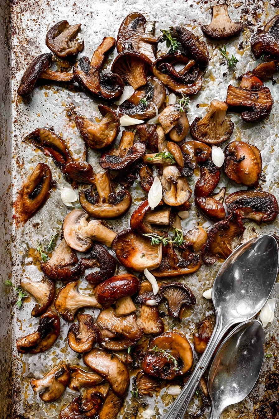 The image shows a single layer of cooked mixed mushrooms scattered across a textured baking tray with a used, slightly oily look. The mushrooms are various shades of brown, from light to dark, with visible grill marks and a soft, cooked texture. There are thin slices of white garlic and small sprigs of green thyme mixed in among the mushrooms. Two shiny silver spoons rest on the bottom right corner of the tray. The background is a white marbled surface. photo taken with an iphone --ar 2:3 --v 7 - Crispy Garlic Thyme Roasted Mushrooms, roasted mushroom recipe, garlic thyme mushroom side dish, crispy mushroom snack, easy roasted mushroom