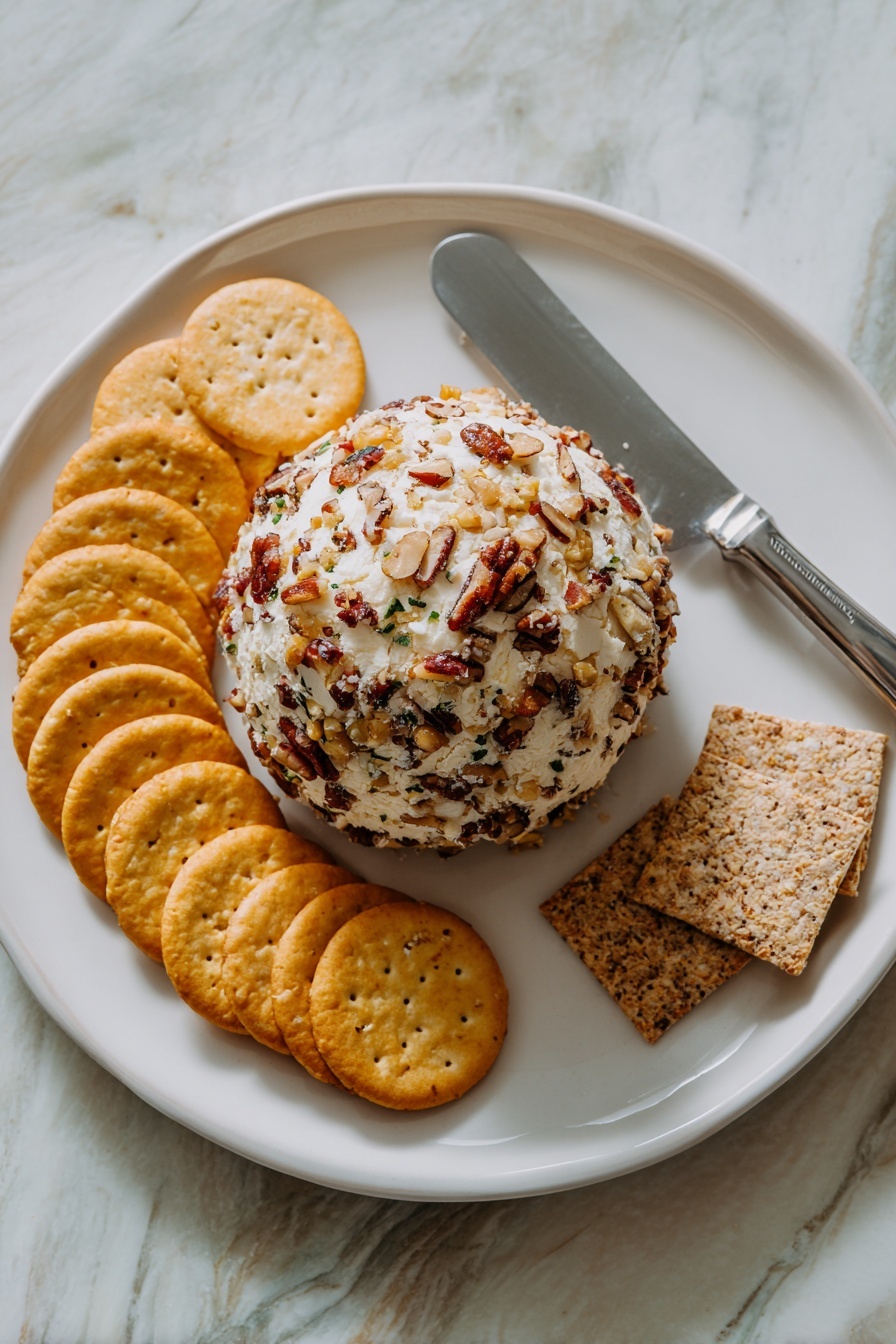 A white round plate sits on a white marbled surface. On the plate, there is a ball-shaped cheese covered with chopped nuts, showing a mix of light brown, dark brown, and small green bits. Around the ball, there are three groups of crackers arranged in curved lines: golden round crackers on the top and bottom sides, and square multigrain crackers in a light brown shade on the right side next to a silver spreader knife. The colors are warm and natural, with a mix of beige, brown, and green on the cheese ball, and pale yellows and browns on the crackers. photo taken with an iphone --ar 2:3 --v 7 - Cheese Ball with Pecan Coating, cheese ball appetizer, pecan cheese ball, easy party appetizers, creamy cheese ball recipe