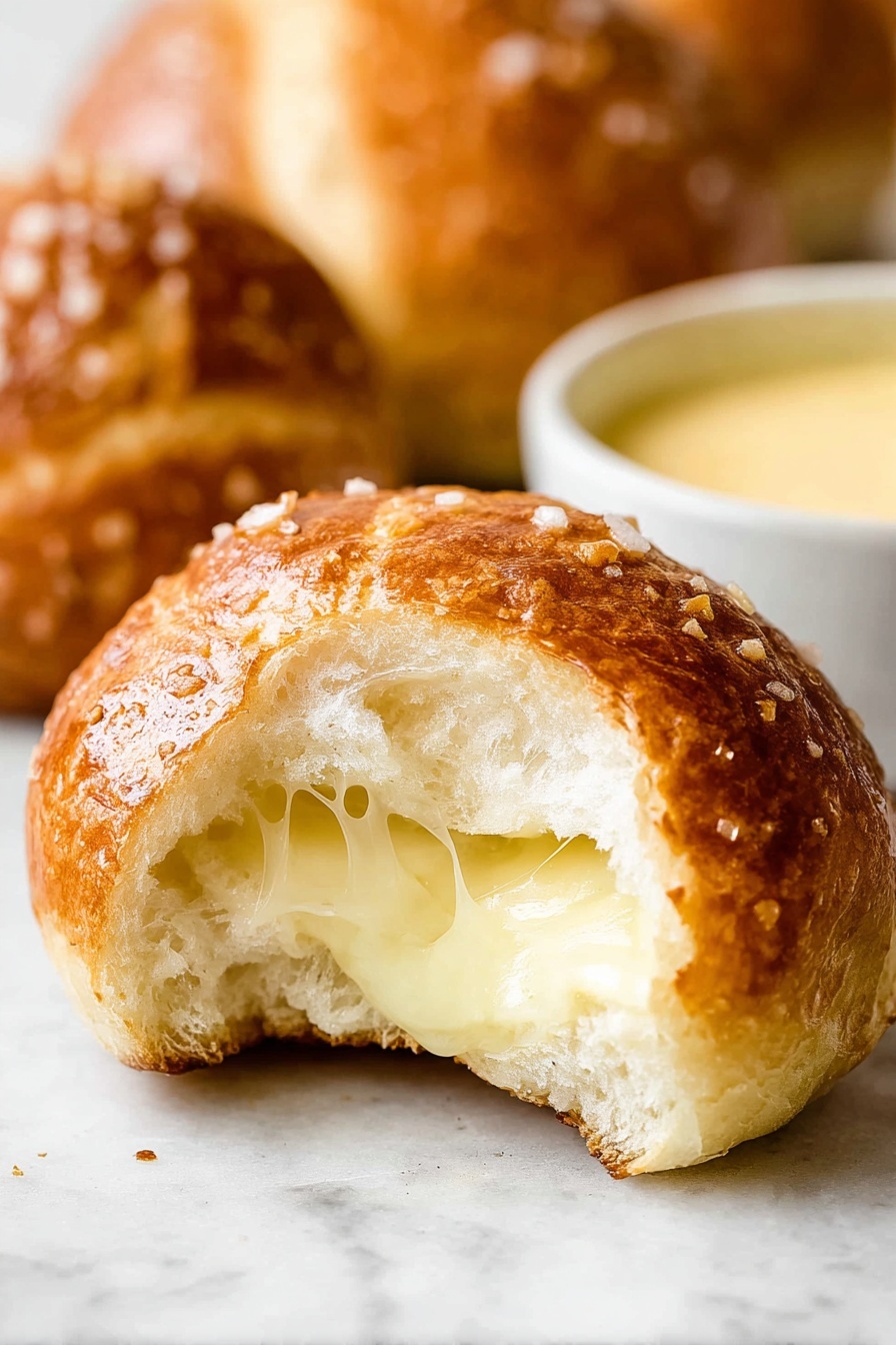 A close-up of a golden brown soft bread roll broken open to show three layers inside: the outer shiny crust with a rough texture sprinkled with coarse salt, a fluffy white bread layer beneath, and a middle layer of melted pale yellow cheese stretching slightly out of the bread. The background and surface have a white marbled texture, with another whole bread roll and a white bowl of pale yellow sauce softly blurred in the background. photo taken with an iphone --ar 2:3 --v 7 - Cheddar Cheese Pretzel Bites, cheesy pretzel snacks, homemade pretzel bites, savory cheese snacks, easy pretzel bites recipe
