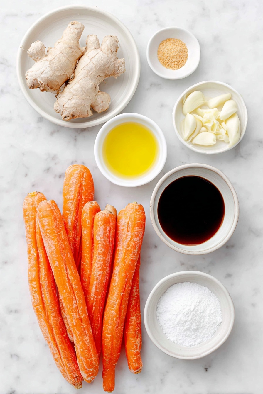 Flat lay of fresh whole baby carrots with vibrant orange skins, four peeled garlic cloves, a small pile of peeled fresh ginger root, a small white bowl of dark soy sauce, a small white bowl of clear vegetable stock, a small white bowl of pale rice vinegar, a small white bowl of golden sesame oil, a small white bowl of light brown granulated sugar, a small white bowl of ground white pepper powder, a small white bowl of onion powder, a simple white ceramic plate holding unbaked crescent roll dough triangles, placed on a clean white marble surface, soft natural light, photo taken with an iPhone, professional food photography style, fresh ingredients, white ceramic bowls, no bottles, no duplicates, no utensils, no packaging --ar 2:3 --v 7 --p m7354615311229779997 - Vegan Carrot Pigs in a Blanket, plant-based appetizer, vegan party snacks, healthy vegan finger foods, savory vegan carrot bites