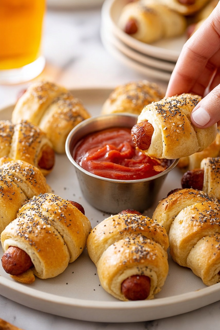 Small crescent rolls wrapped around bite-sized sausages form a circle on a white plate sitting on a white marbled surface. The crescent rolls are golden brown with a soft flaky texture and are sprinkled with sesame seeds and black poppy seeds. In the middle of the circle is a small metal cup filled with smooth red ketchup. A woman's hand is seen dipping one of the crescent rolls halfway into the ketchup. In the blurred background, there is a glass of amber-colored drink and a little stack of white plates. photo taken with an iphone --ar 2:3 --v 7 - Vegan Carrot Pigs in a Blanket, plant-based appetizer, vegan party snacks, healthy vegan finger foods, savory vegan carrot bites