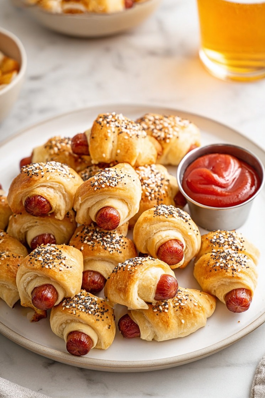 A white plate is filled with small crescent rolls wrapped around mini sausages, each topped with a sprinkle of white sesame seeds and black poppy seeds. The rolls are golden brown and flaky with the reddish sausages peeking out from the ends. To the top right of the plate, there is a small silver container filled with bright red ketchup. In the background, there is a glass of amber beer and another bowl. The whole scene is set on a white marbled surface. photo taken with an iphone --ar 2:3 --v 7 - Vegan Carrot Pigs in a Blanket, plant-based appetizer, vegan party snacks, healthy vegan finger foods, savory vegan carrot bites