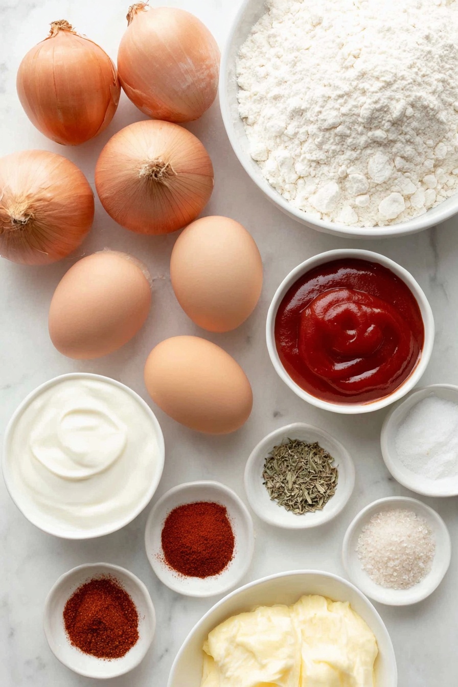 Flat lay of three medium fresh sweet onions with dry papery skins partially peeled, two whole uncracked brown eggs, a small white ceramic bowl of creamy white mayonnaise, a small white ceramic bowl of thick sour cream, a small white ceramic bowl of bright red ketchup, a small white ceramic bowl of smooth creamy horseradish sauce, a small white ceramic bowl of white milk, a small white ceramic bowl filled with off-white all-purpose flour, a small white ceramic bowl holding a warm reddish paprika powder, a small white ceramic bowl with reddish-brown ground cumin, a small white ceramic bowl of dried oregano leaves, a small white ceramic bowl of dried thyme leaves, a small white ceramic bowl of fine white salt, a small white ceramic bowl of ground cayenne pepper in bright orange-red, a small white ceramic bowl of ground black pepper, a small white ceramic bowl of pale beige garlic powder, arranged symmetrically and balanced, all ingredients fresh and natural, placed on a clean white marble surface, soft natural light, photo taken with an iPhone, professional food photography style, fresh ingredients, white ceramic bowls, no bottles, no duplicates, no utensils, no packaging --ar 2:3 --v 7 --p m7354615311229779997 - Homemade Blooming Onion, crispy blooming onion recipe, easy onion appetizer, homemade onion petals, spicy dipping sauce