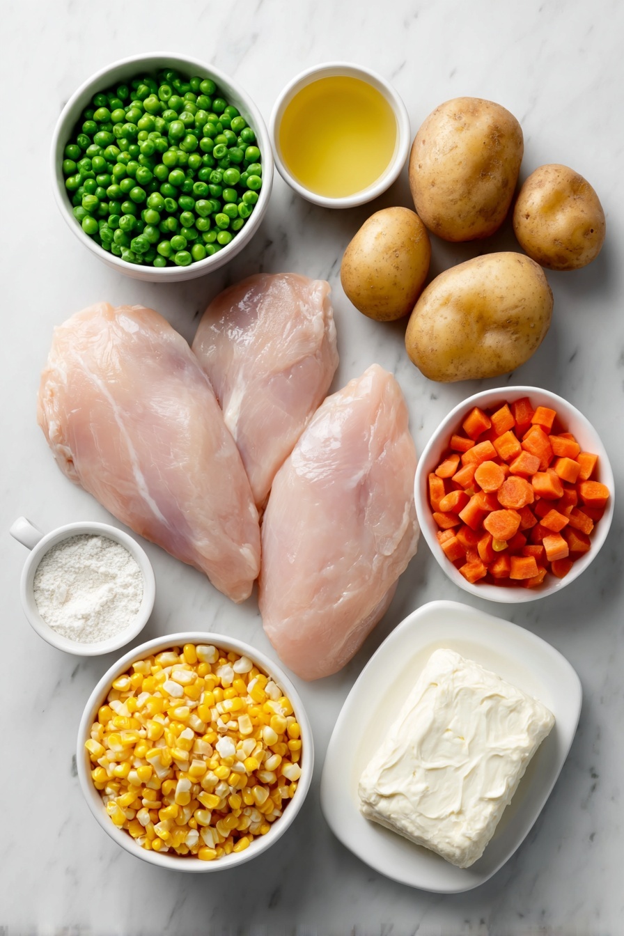 Flat lay of fresh boneless skinless chicken breasts, a small white ceramic bowl of vibrant green peas, a small white ceramic bowl of bright yellow corn kernels, a small white ceramic bowl of chopped orange carrots, a chopped celery stalk, two peeled and diced medium potatoes, a diced small yellow onion, a small white ceramic plate with a block of cream cheese at room temperature, a small white ceramic bowl of golden chicken broth, a small white ceramic bowl of garlic powder, a small white ceramic bowl of heavy cream, and a roll of refrigerated biscuit dough, all arranged with perfect symmetry in realistic proportions, placed on a clean white marble surface, soft natural light, photo taken with an iPhone, professional food photography style, fresh ingredients, white ceramic bowls, no bottles, no duplicates, no utensils, no packaging --ar 2:3 --v 7 --p m7354615311229779997 - Slow Cooker Chicken Pot Pie Soup, Chicken Pot Pie Soup Recipe, Easy Chicken Soup,Comforting Slow Cooker Meals, Creamy Chicken Soup