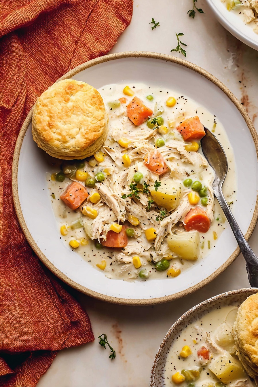 A white plate holds a creamy chicken and vegetable stew with three visible layers: the bottom layer is a thick white sauce dotted with black pepper, the middle layer shows soft chunks of orange carrots, light green celery, yellow corn, green peas, and pale potatoes, and the top layer features shredded white chicken bits and small green thyme leaves scattered on top. On the left side of the plate, a round, golden-brown biscuit sits slightly overlapping the stew. In the top right edge of the plate, a silver spoon rests partially inside the stew. The plate lies on a white marbled surface with an orange cloth napkin to the left and part of another plate with stew and a biscuit visible in the bottom right corner. Photo taken with an iphone --ar 2:3 --v 7 - Slow Cooker Chicken Pot Pie Soup, Chicken Pot Pie Soup Recipe, Easy Chicken Soup,Comforting Slow Cooker Meals, Creamy Chicken Soup