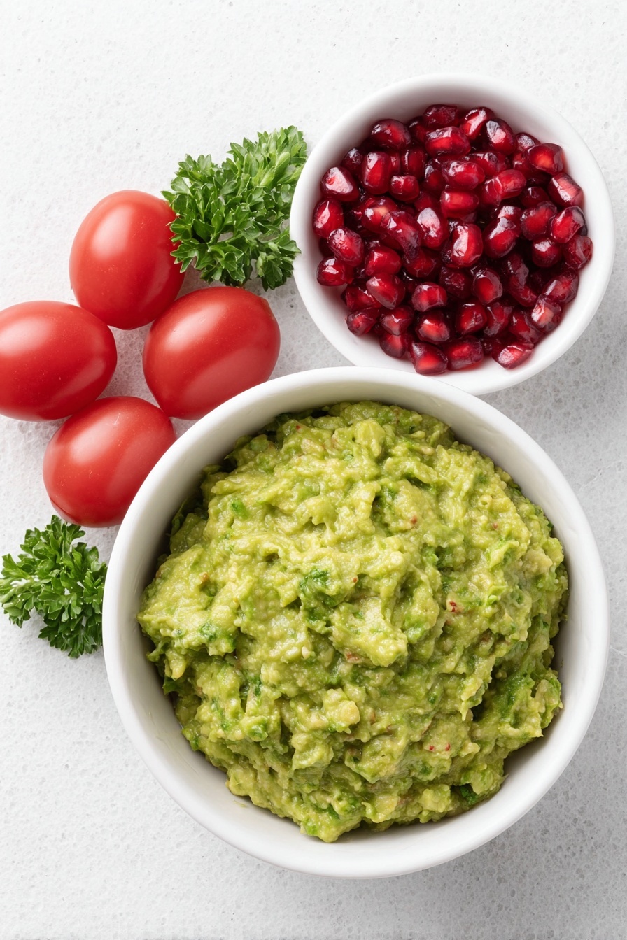 Flat lay of a simple white ceramic bowl filled with fresh green guacamole, a small white bowl containing bright red pomegranate seeds, a cluster of ripe red cherry tomatoes, and a few vibrant green sprigs of parsley placed neatly around the bowls, all arranged with perfect symmetry and balanced proportions, placed on a clean white marble surface, soft natural light, photo taken with an iPhone, professional food photography style, fresh ingredients, white ceramic bowls, no bottles, no duplicates, no utensils, no packaging --ar 2:3 --v 7 --p m7354615311229779997 - Festive Guacamole with Pomegranate and Tomatoes, holiday guacamole, colorful holiday dip, quick festive appetizer, easy party guacamole
