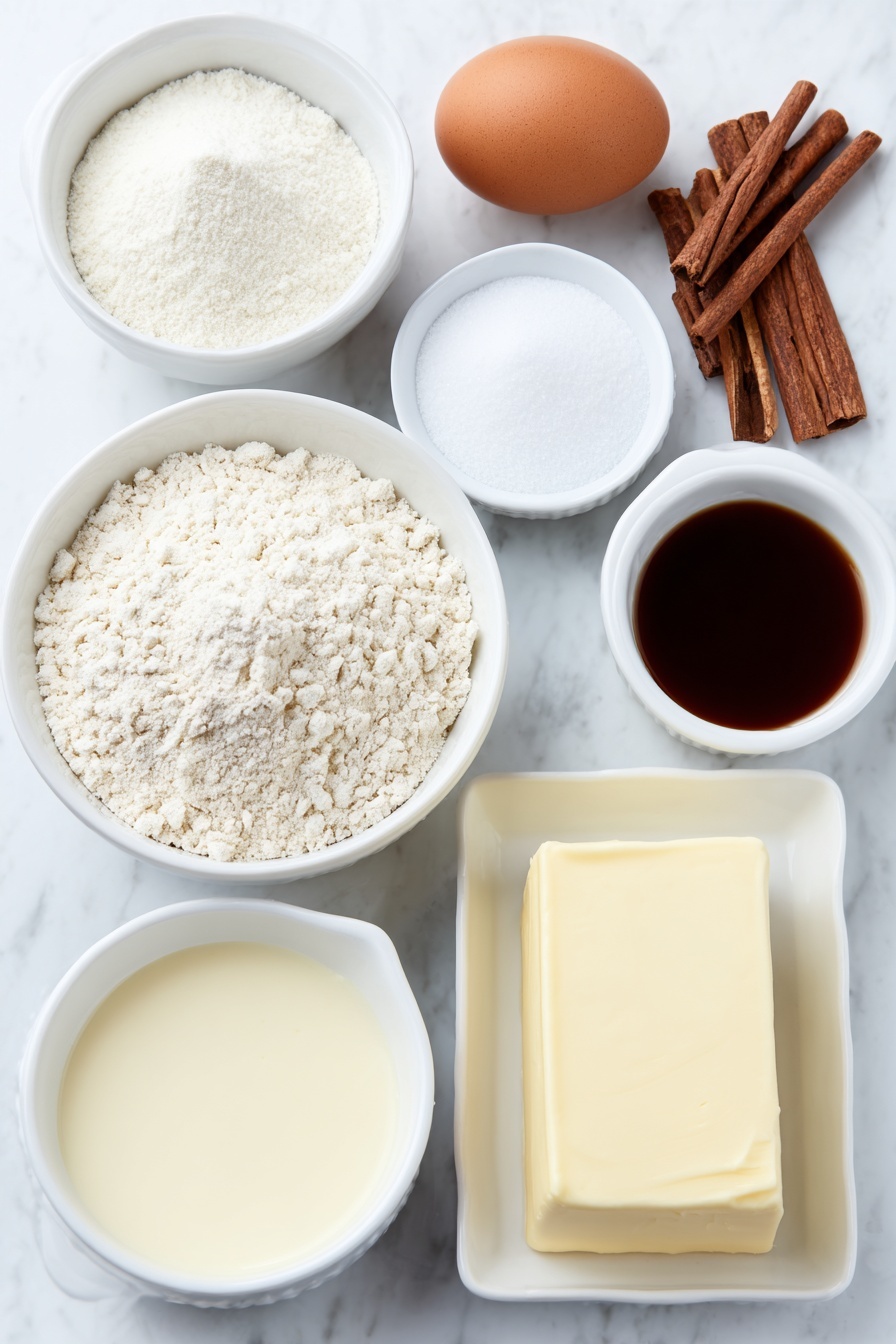 Flat lay of a small white ceramic bowl of all purpose flour, a small white ceramic bowl of granulated sugar, a few whole brown cinnamon sticks alongside small heaps of ground cinnamon and ground nutmeg on the white surface, a small white ceramic bowl of baking soda, a small white ceramic bowl of baking powder, a small white ceramic bowl of salt, a half cup of softened unsalted butter shaped in a smooth slab, one large whole uncracked egg with a clean shell, a small white ceramic bowl of dark rum extract, a small white ceramic bowl of vanilla extract, a small white ceramic bowl filled with creamy full fat eggnog, and a small white ceramic bowl of powdered sugar placed on a clean white marble surface, soft natural light, photo taken with an iPhone, professional food photography style, fresh ingredients, white ceramic bowls, no bottles, no duplicates, no utensils, no packaging --ar 2:3 --v 7 --p m7354615311229779997 - Eggnog Bread with Rum Glaze, Eggnog Christmas Bread, Festive Eggnog Bread, Holiday Eggnog Loaf, Rum Glazed Eggnog Dessert