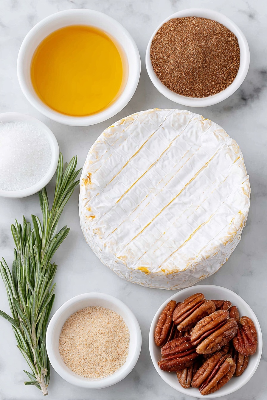 Flat lay of a whole wheel of double cream brie cheese with a light diagonal score on top, a small white bowl filled with golden maple syrup, a small white bowl of light brown granulated brown sugar, a small white bowl with a warm brown cinnamon powder, a small white bowl holding glossy pecan halves, a small white bowl containing clear vanilla extract, and a neat sprig of fresh green rosemary, all arranged symmetrically and balanced, placed on a clean white marble surface, soft natural light, photo taken with an iPhone, professional food photography style, fresh ingredients, white ceramic bowls, no bottles, no duplicates, no utensils, no packaging --ar 2:3 --v 7 --p m7354615311229779997 - Maple Pecan Baked Brie appetizer, baked brie with maple pecans, fall cheese appetizer ideas, easy festive appetizers, gourmet brie recipes