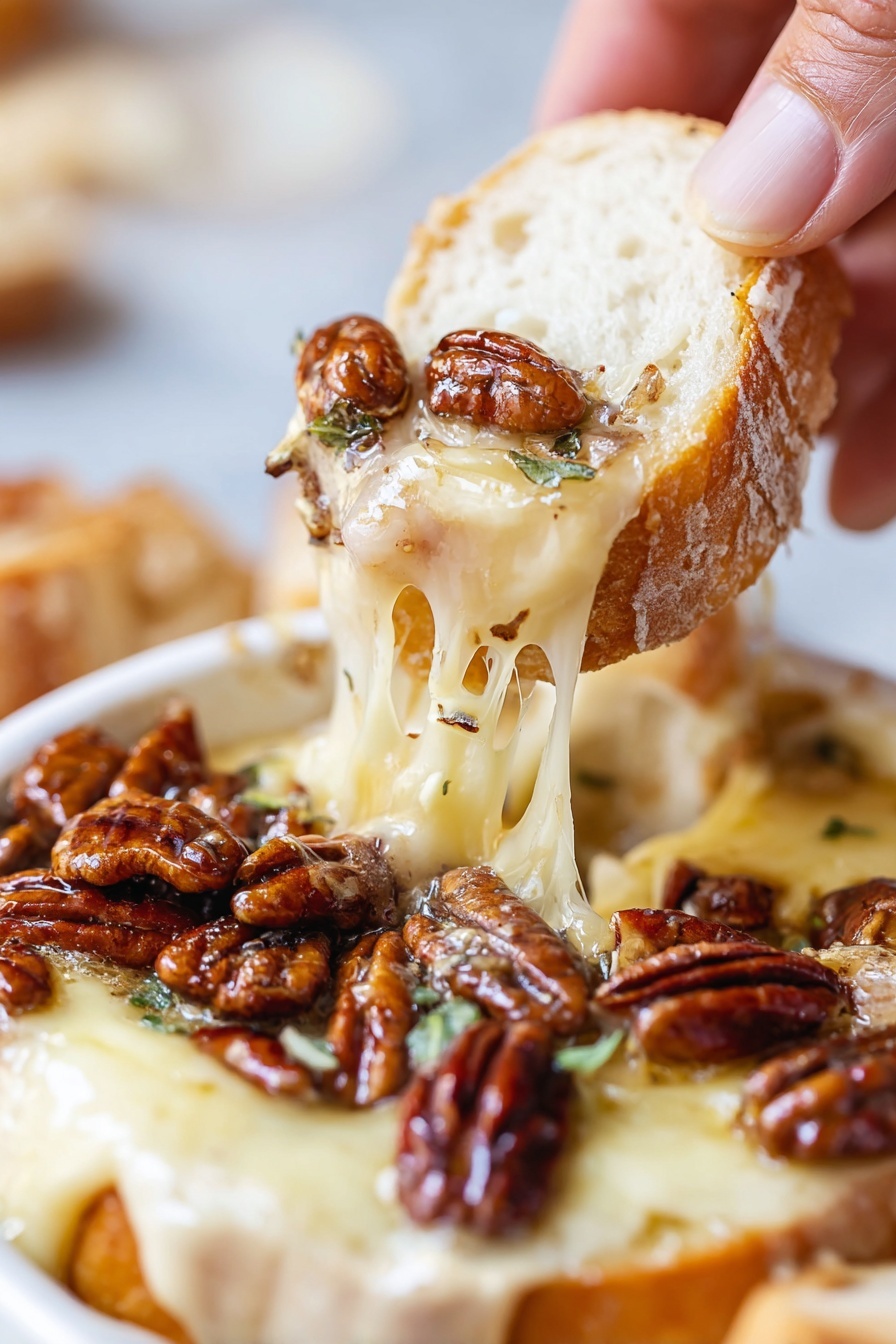 A close-up image shows a woman's hand holding a piece of white crusty bread with a soft inside, dipped into a melted cheese dish with pecans on top. The cheese is creamy and stringy, light yellow in color, and flows from both the bread and the dish below. The pecans are whole, shiny, and dark brown, scattered on top of the cheese. The dish holding the cheese is white with a slightly browned melted cheese edge visible, sitting on a white marbled surface with some blurred background details. Photo taken with an iphone --ar 2:3 --v 7 - Maple Pecan Baked Brie appetizer, baked brie with maple pecans, fall cheese appetizer ideas, easy festive appetizers, gourmet brie recipes