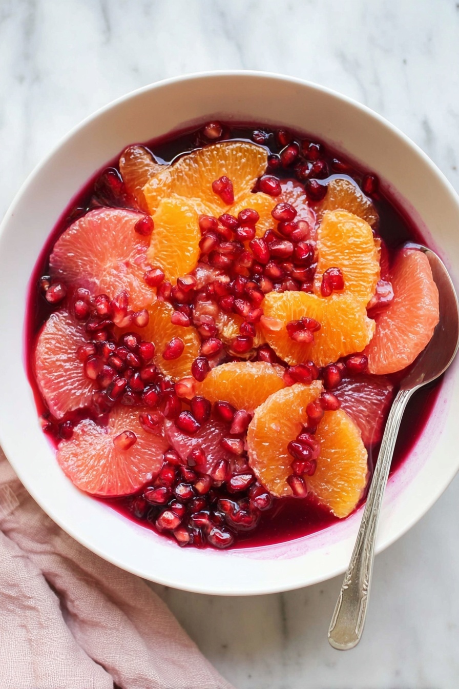 A white bowl filled with vibrant fruit layers sits on a white marbled surface. The bottom layer is a deep red juice or syrup, covering the bowl’s base. On top, there are bright orange segments and pink grapefruit pieces, both juicy and fresh. Scattered all over are shiny, ruby-red pomegranate seeds adding texture and sparkle. A silver spoon rests inside the bowl, peeking out from the right side. A soft light pink cloth is partially visible on the lower left side of the scene. Photo taken with an iphone --ar 2:3 --v 7 - Winter Citrus and Pomegranate Salad, citrus winter salad, pomegranate fruit salad, healthy winter salads, festive citrus salad