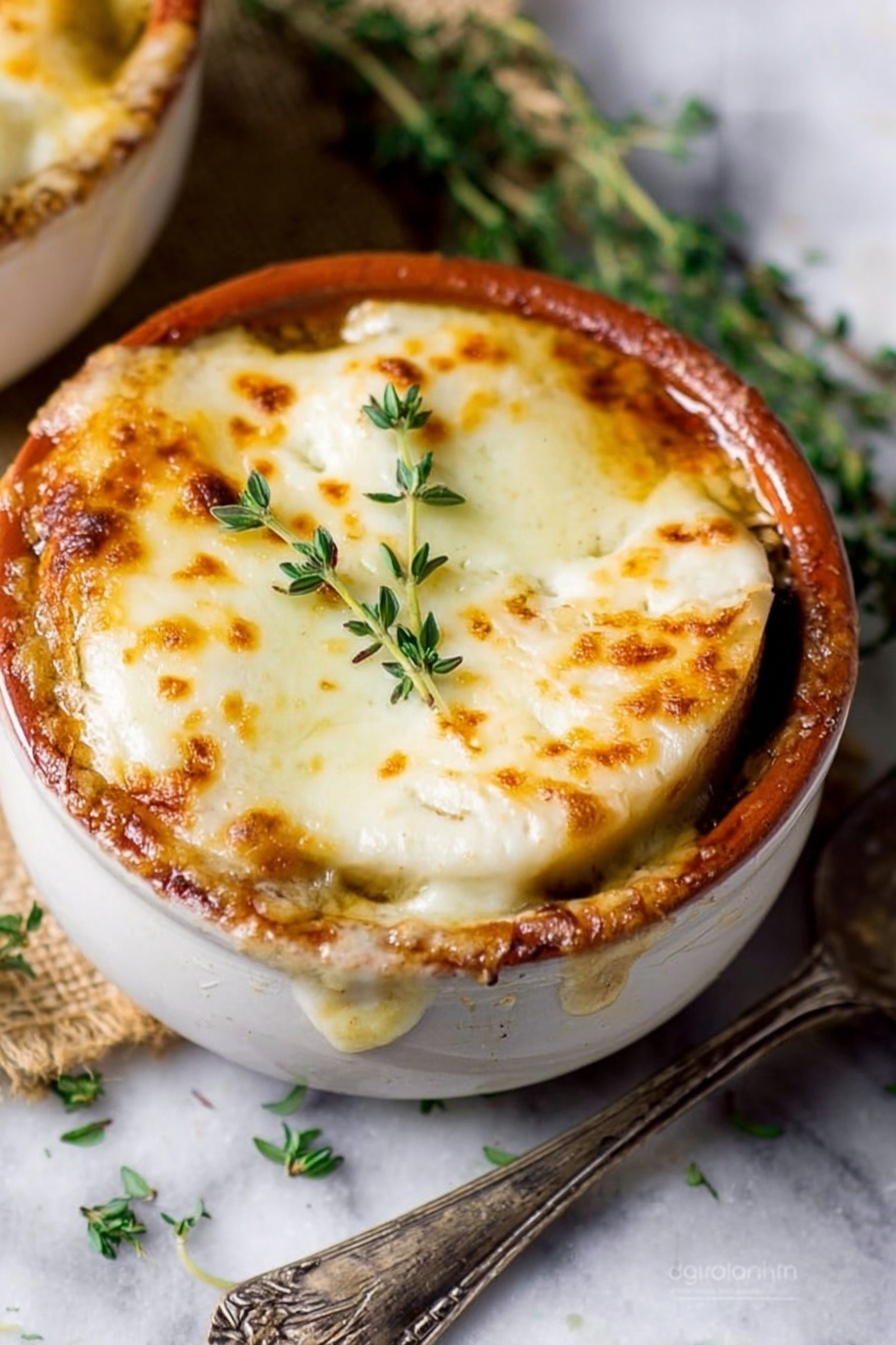 The image shows a round brown ceramic bowl filled with French onion soup. On top, there are two thick layers of melted cheese that look golden and bubbly, covering soft toasted bread underneath. The cheese is creamy white with spots of golden brown and has a smooth texture that slightly drips over the edge of the bowl. Beneath the cheese layer, dark caramelized onions in a rich broth are visible near the bowl's side. A few small green herb sprigs sit on top of the cheese, adding a fresh touch. The bowl is on a wooden surface with a silver spoon next to it against a white marbled background. Photo taken with an iphone --ar 2:3 --v 7 - Crockpot French Onion Soup with Cheese, easy French onion soup, slow cooker onion soup, cheesy onion soup recipe, homemade French onion soup