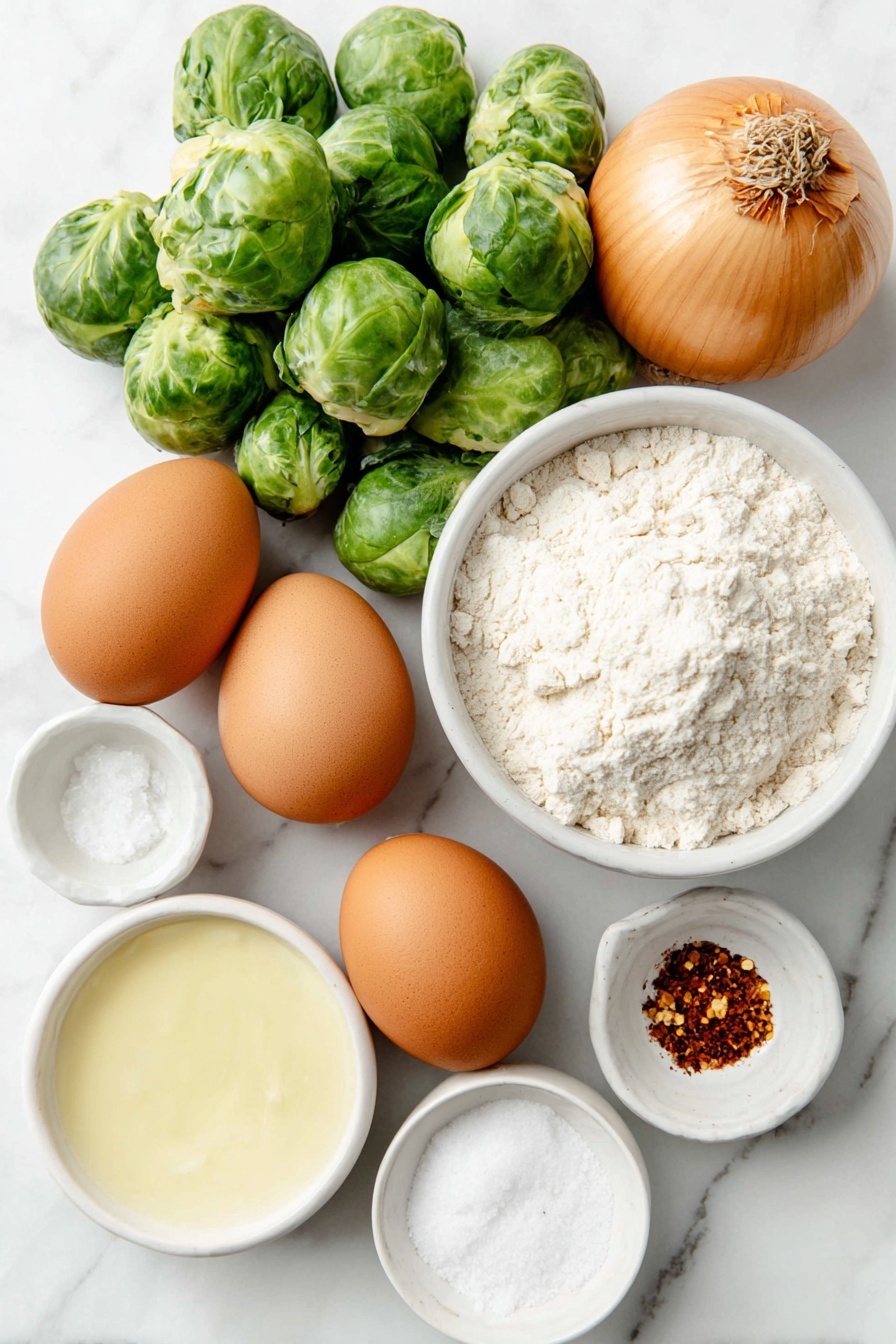 Flat lay of a small pile of fresh green Brussels sprouts, a medium sweet onion with golden brown skin, two large whole brown eggs with clean shells, a small white ceramic bowl filled with fine oat flour, a small white ceramic bowl holding coarse sea salt crystals, a small white ceramic bowl with a few fiery red pepper flakes, a small white ceramic bowl containing white baking soda powder, and a small white ceramic bowl with clear avocado oil, all arranged in perfect symmetry on a clean white marble surface, soft natural light, photo taken with an iPhone, professional food photography style, fresh ingredients, white ceramic bowls, no bottles, no duplicates, no utensils, no packaging --ar 2:3 --v 7 --p m7354615311229779997 - Baked Brussels Sprouts Latkes, Brussels Sprouts Latkes, healthy latke recipes, baked vegetable fritters, easy Brussels sprouts appetizer