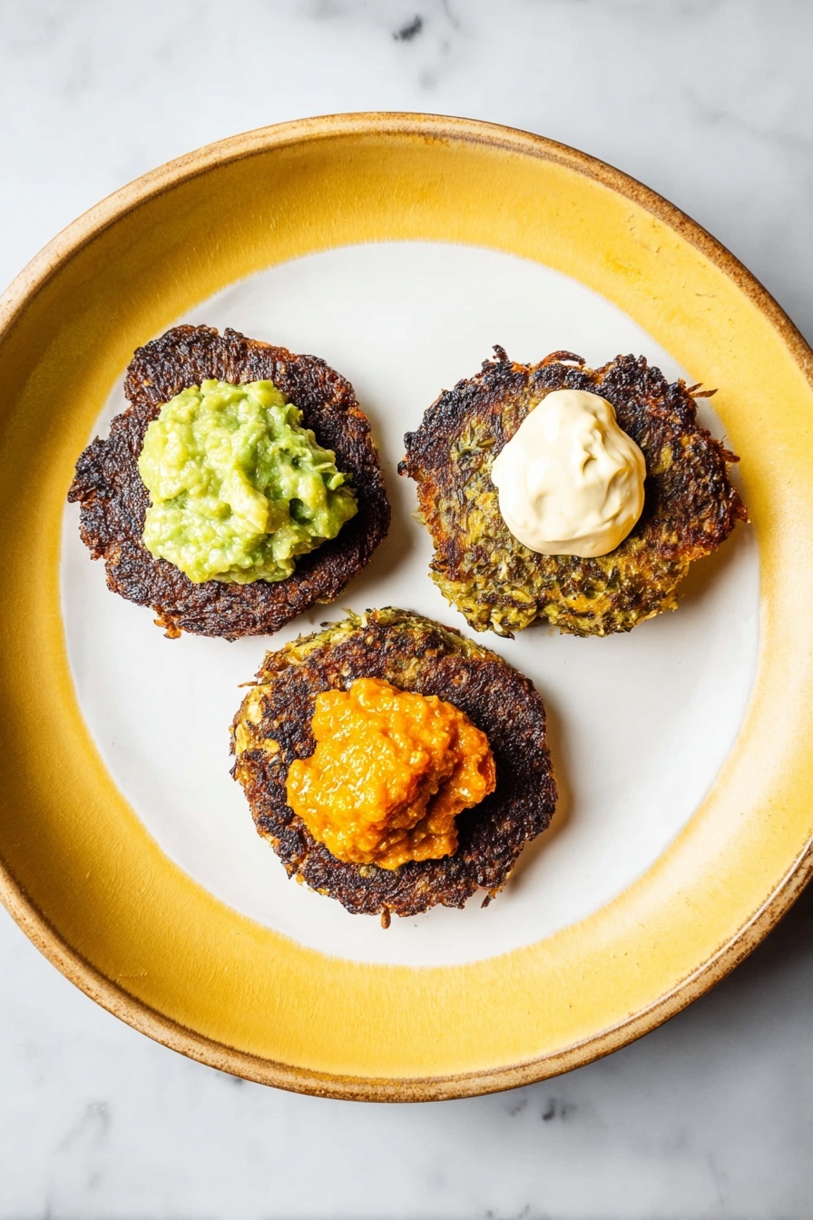 Three round, dark brown crispy patties are placed in a triangle shape on a large white plate with a yellow inside. Each patty has a different topping: the top left one has a chunky green guacamole, the top right one has a dollop of smooth white cream, and the bottom patty has a generous scoop of chunky orange sauce. The plate sits on a white marbled surface. photo taken with an iphone --ar 2:3 --v 7 - Baked Brussels Sprouts Latkes, Brussels Sprouts Latkes, healthy latke recipes, baked vegetable fritters, easy Brussels sprouts appetizer