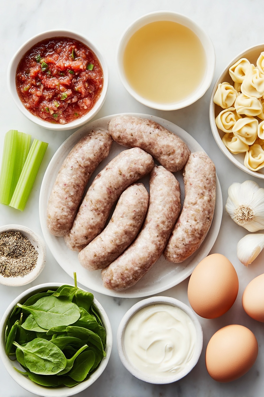 Flat lay of Italian sausage links with natural casing, a half of a medium onion finely chopped, two bright green celery sticks chopped, a small mound of white all-purpose flour, three whole cloves of garlic, a small white bowl filled with light golden chicken broth, a small white bowl of vibrant red diced tomatoes with juices, a pinch of dried Italian seasoning herbs, two generous cups of fresh cheese tortellini, a small white bowl of thick heavy cream, a packed handful of fresh baby spinach leaves, and two whole brown eggs with clean shells, all arranged symmetrically on simple white ceramic bowls and plates, placed on a clean white marble surface, soft natural light, photo taken with an iPhone, professional food photography style, fresh ingredients, white ceramic bowls, no bottles, no duplicates, no utensils, no packaging --ar 2:3 --v 7 --p m7354615311229779997 - Creamy Italian Sausage Tortellini Soup, Italian sausage tortellini soup, hearty creamy pasta soup, easy Italian sausage soup, cozy weeknight soup