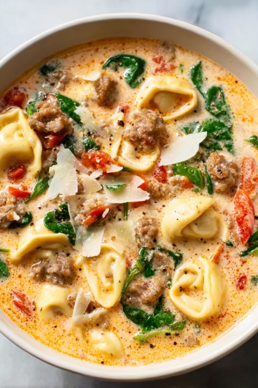 A white bowl filled with a creamy soup that has a light orange tint, layered with pieces of tortellini pasta that are pale yellow with folds. Scattered throughout are browned sausage chunks, wilted green spinach leaves, and soft red tomato pieces. Thin shavings of pale cheese float on top, partly melted into the warm soup. The bowl sits on a white marbled surface. Photo taken with an iphone --ar 2:3 --v 7 - Creamy Italian Sausage Tortellini Soup, Italian sausage tortellini soup, hearty creamy pasta soup, easy Italian sausage soup, cozy weeknight soup