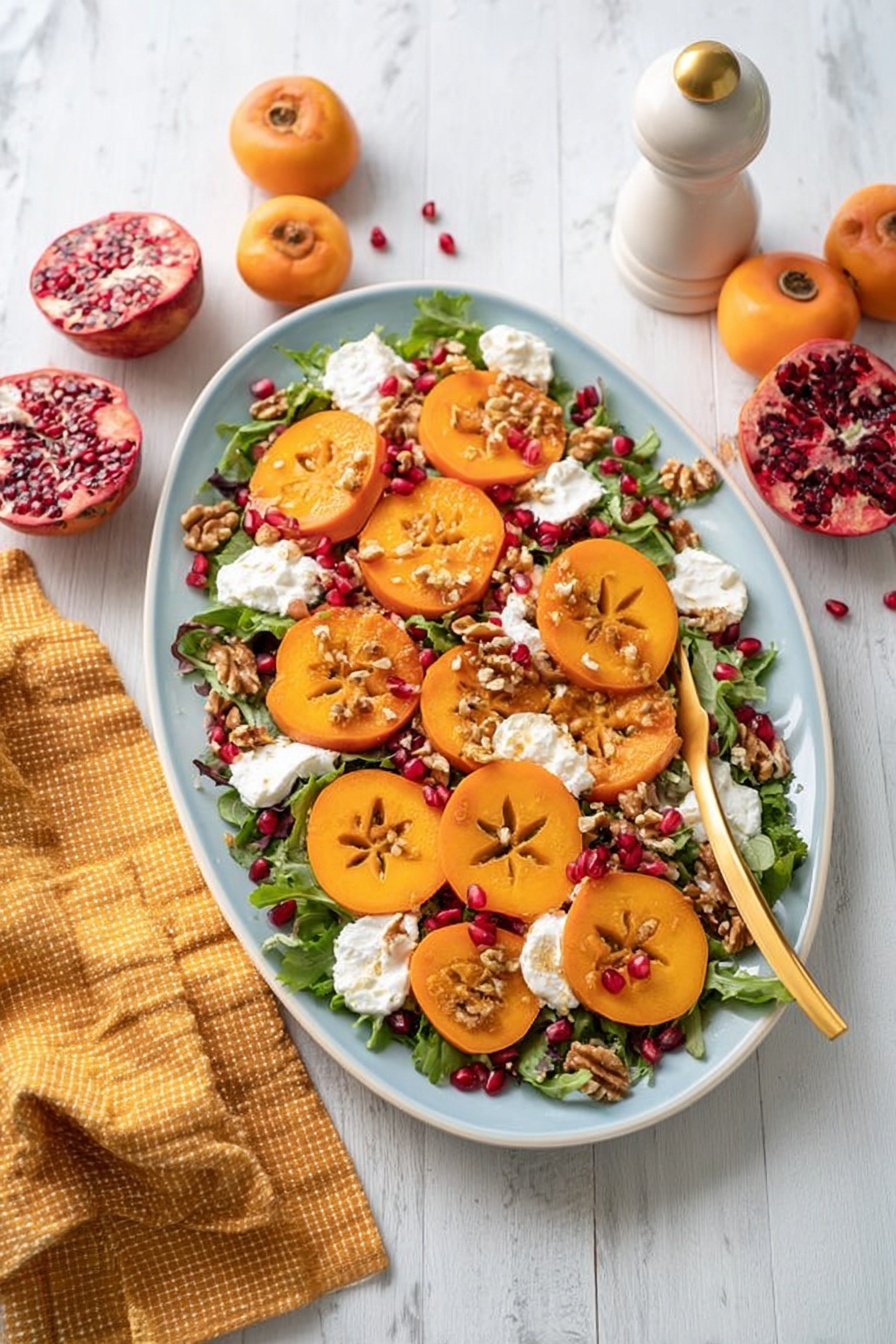 A white plate holds a fresh salad spread in layers, starting with a base of green arugula leaves scattered unevenly. On top, bright orange persimmon slices with a star pattern are laid flat in overlapping circles. Creamy white dollops of soft cheese are placed on the arugula and persimmons, creating a textured contrast. Small red pomegranate seeds are sprinkled over the dish, adding vibrant spots of color. Rough walnut pieces are scattered over everything, giving a crunchy look. A gold salad fork is set on the left edge of the plate, and two whole persimmons and pomegranate seeds rest on the white marbled surface around the plate. Photo taken with an iphone --ar 2:3 --v 7 - Persimmon Burrata Salad with Pomegranate, seasonal fall salad, easy fruit & cheese salad, festive healthy appetizer, quick holiday salad