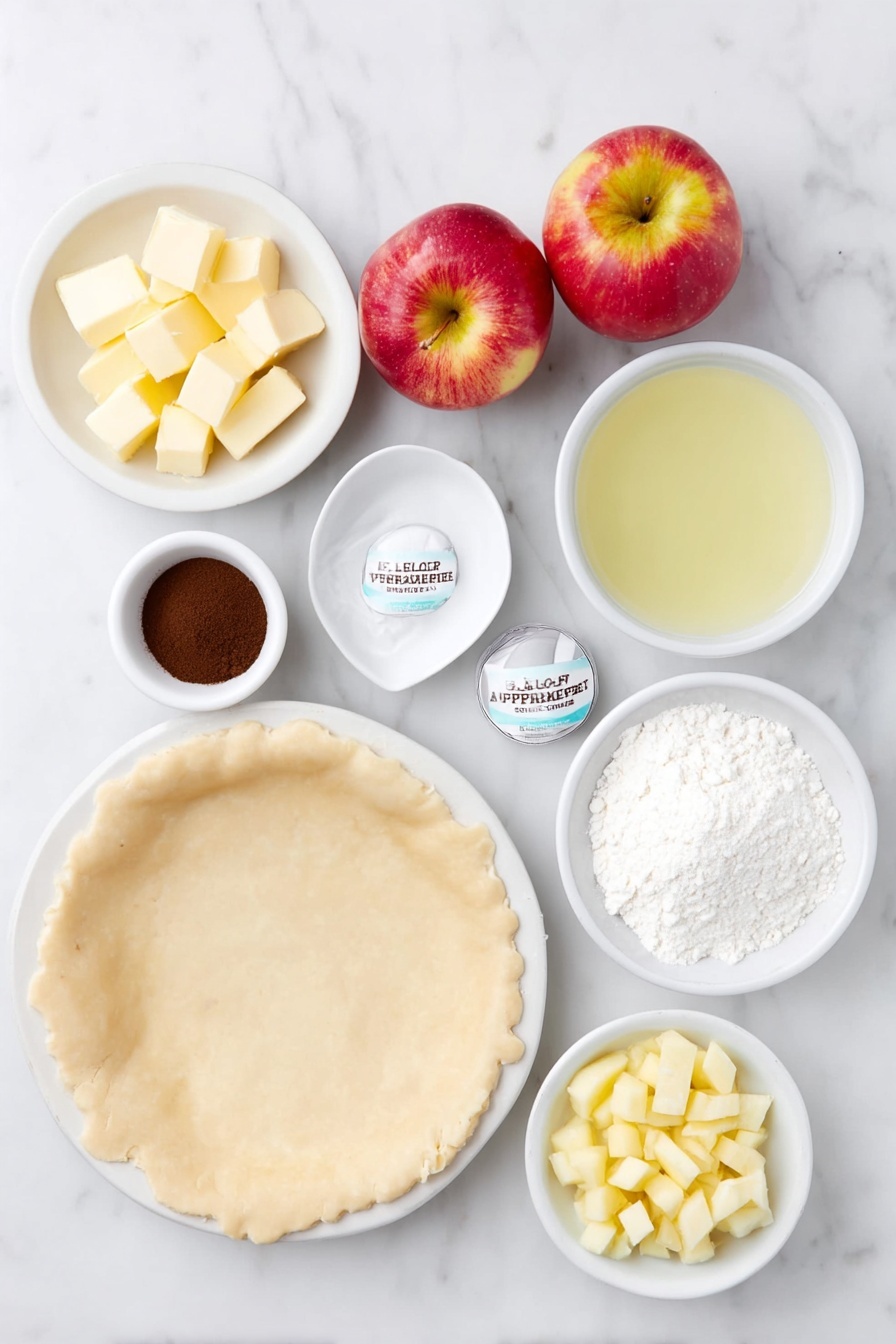 Flat lay of flaky pie dough rolled out on a simple white ceramic plate, a small mound of all-purpose flour nearby, a few small cubes of unsalted butter on a white bowl, dark brown sugar in a small white bowl, a white bowl with a blend of apple pie spices, a white bowl with clear water, a small white bowl holding freshly squeezed lemon juice, a small white bowl with vanilla extract, a few large kosher salt crystals on the side, two medium Pink Lady apples—one whole with bright red and yellow skin, the other peeled and finely diced in a neat pile on a white dish, and a small white bowl containing cornstarch, all arranged symmetrically and naturally placed on a clean white marble surface, soft natural light, photo taken with an iPhone, professional food photography style, fresh ingredients, white ceramic bowls, no bottles, no duplicates, no utensils, no packaging --ar 2:3 --v 7 --p m7354615311229779997 - Mini Apple Tart Recipes, apple tart dessert, handheld apple pies, easy apple tart, homemade apple tart