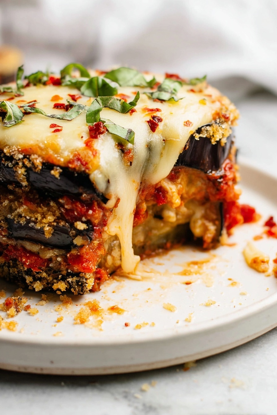 A close-up view of a layered eggplant parmesan piece on a white plate with a white marbled texture in the background. The dish has three main layers: the bottom layer is dark purple eggplant with a crispy golden-brown breadcrumb coating, the middle layer is a mix of chunky red tomato sauce and baked eggplant, and the top layer is melted light golden cheese sprinkled with fresh green basil pieces and small bits of red chili flakes. Some melted cheese strands stretch down the side, with scattered crumbs and herbs around the plate. Photo taken with an iphone --ar 2:3 --v 7 - Crispy Eggplant Parmesan Bites, Eggplant Parmesan apps, baked eggplant bites, vegetarian appetizer recipes, crispy eggplant snacks
