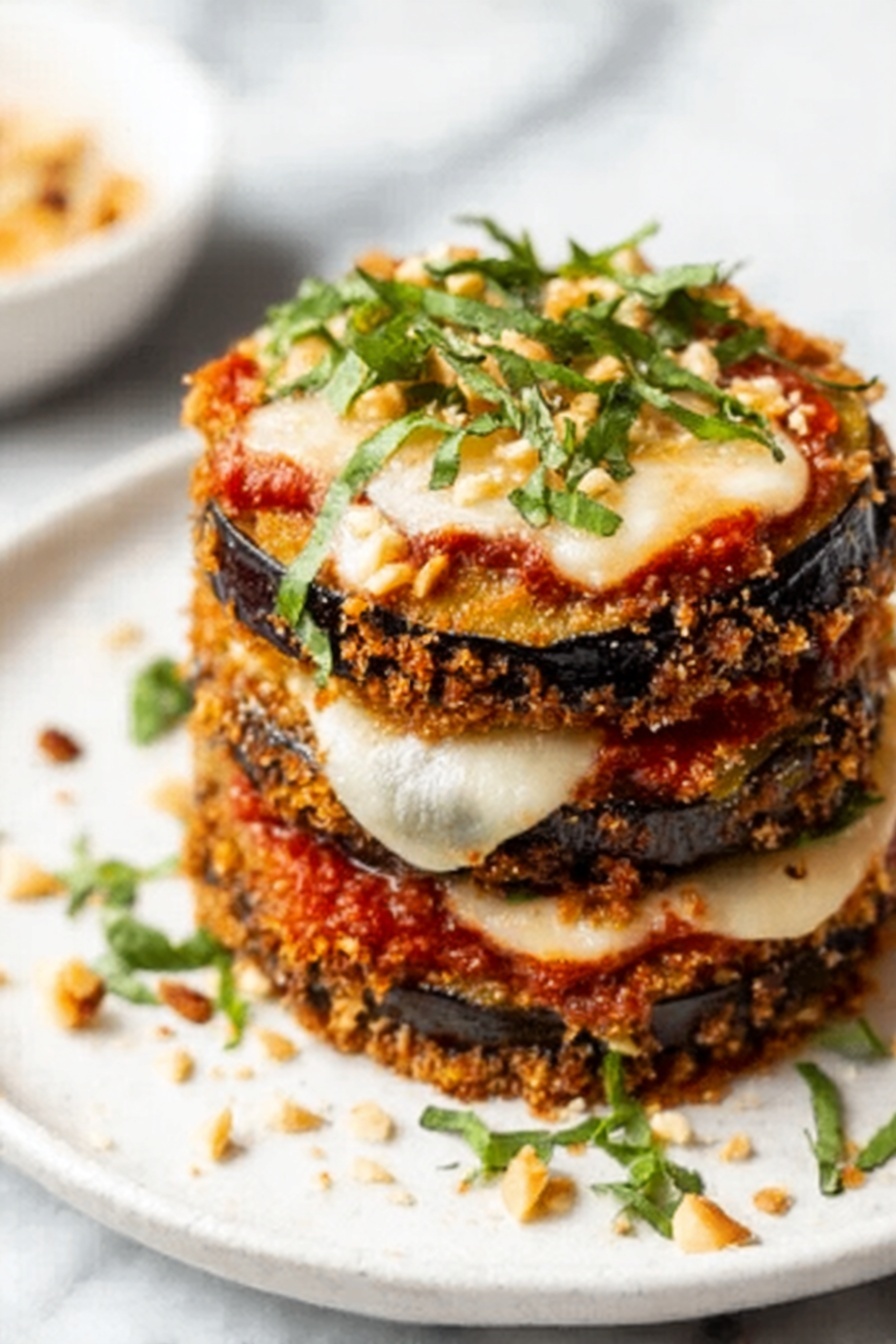 The image shows a stack of four breaded and fried eggplant slices on a white plate. Each slice has a crispy golden brown crumb coating on the edges with a dark purple center of the eggplant visible. Between the eggplant layers, there are melted cheese and a red tomato sauce layer. The top slice is covered with melted cheese, tomato sauce, sprinkled red pepper flakes, and fresh green basil pieces. The plate sits on a white marbled surface with a blurred white cloth with a black grid pattern in the background. photo taken with an iphone --ar 2:3 --v 7 - Crispy Eggplant Parmesan Bites, Eggplant Parmesan apps, baked eggplant bites, vegetarian appetizer recipes, crispy eggplant snacks