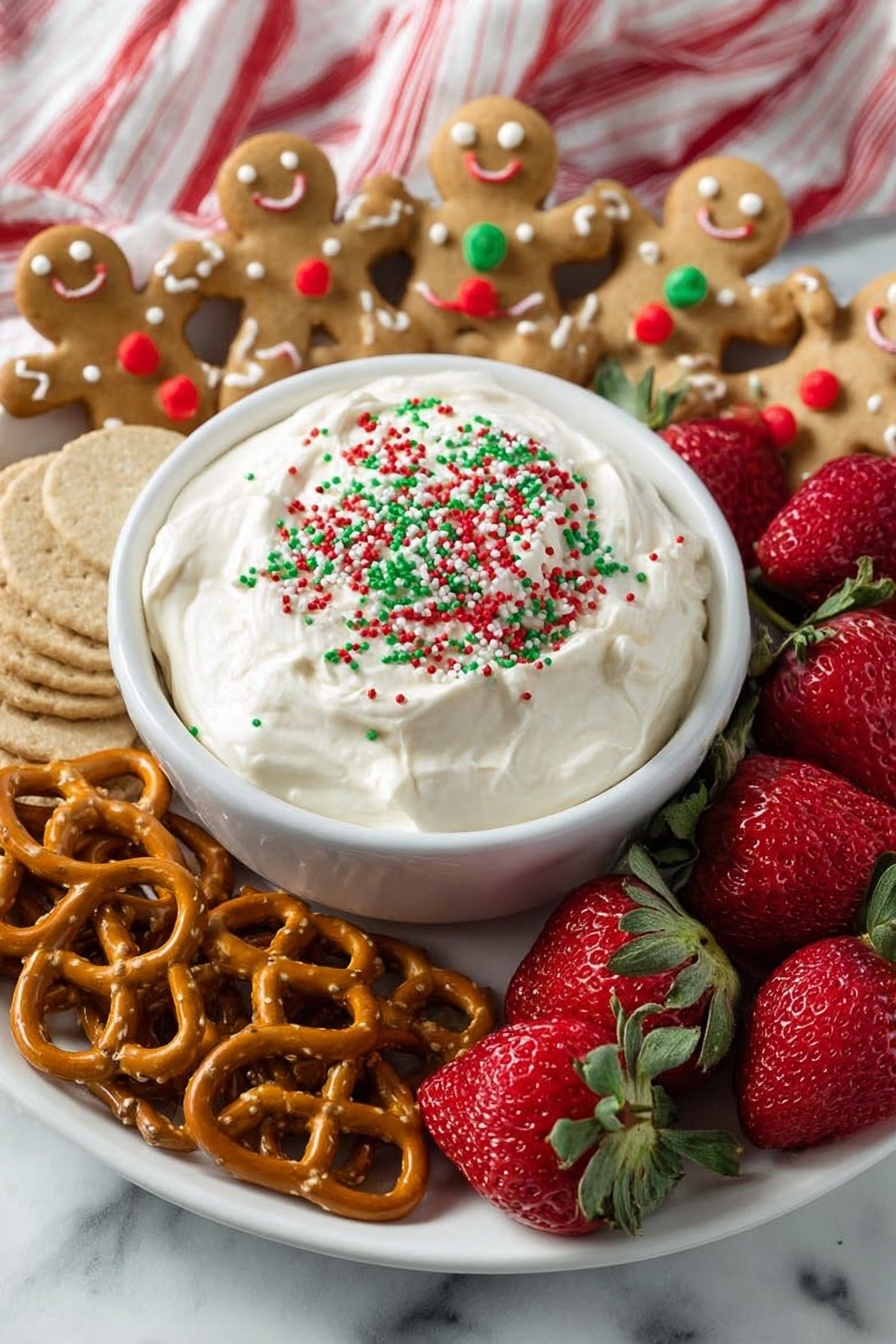 A white bowl sits in the center of a silver tray, filled with creamy white dip topped with red, green, and white Christmas-themed sprinkles. Around the bowl, there are several gingerbread man cookies with smiling faces, light brown apple slices, whole strawberries with green leaves, golden pretzels, and light brown graham crackers. The tray is placed on a white marbled surface with a red and white cloth nearby. photo taken with an iphone --ar 2:3 --v 7 - Christmas Cookie Dough Dip, holiday cookie dip, festive cookie dough spread, quick Christmas appetizer, easy holiday dip