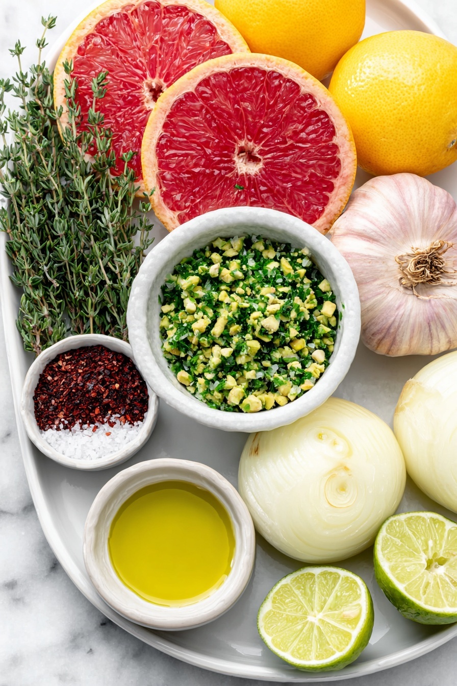 Flat lay of a variety of whole citrus fruits including blood oranges, mandarins, and grapefruits, a whole Vidalia onion with smooth pale purple skin, a few thinly sliced half-moon onion crescents arranged neatly on a large simple white ceramic platter, a small white bowl filled with roughly chopped green pistachios, three fresh thyme sprigs with tiny green leaves, a small white bowl with bright green extra virgin olive oil, a small white bowl containing freshly grated lime zest, a whole uncracked lime, a small white bowl holding coarse Maldon sea salt crystals, and a small white bowl with deep red smoked paprika powder, all arranged with perfect symmetry and balanced proportions, placed on a clean white marble surface, soft natural light, photo taken with an iPhone, professional food photography style, fresh ingredients, white ceramic bowls, no bottles, no duplicates, no utensils, no packaging --ar 2:3 --v 7 --p m7354615311229779997 - Spicy Citrus Salad with Pistachios, citrus salad with spice and pistachios, zesty citrus fruit salad, healthy citrus and pistachio salad, spicy citrus salad recipe