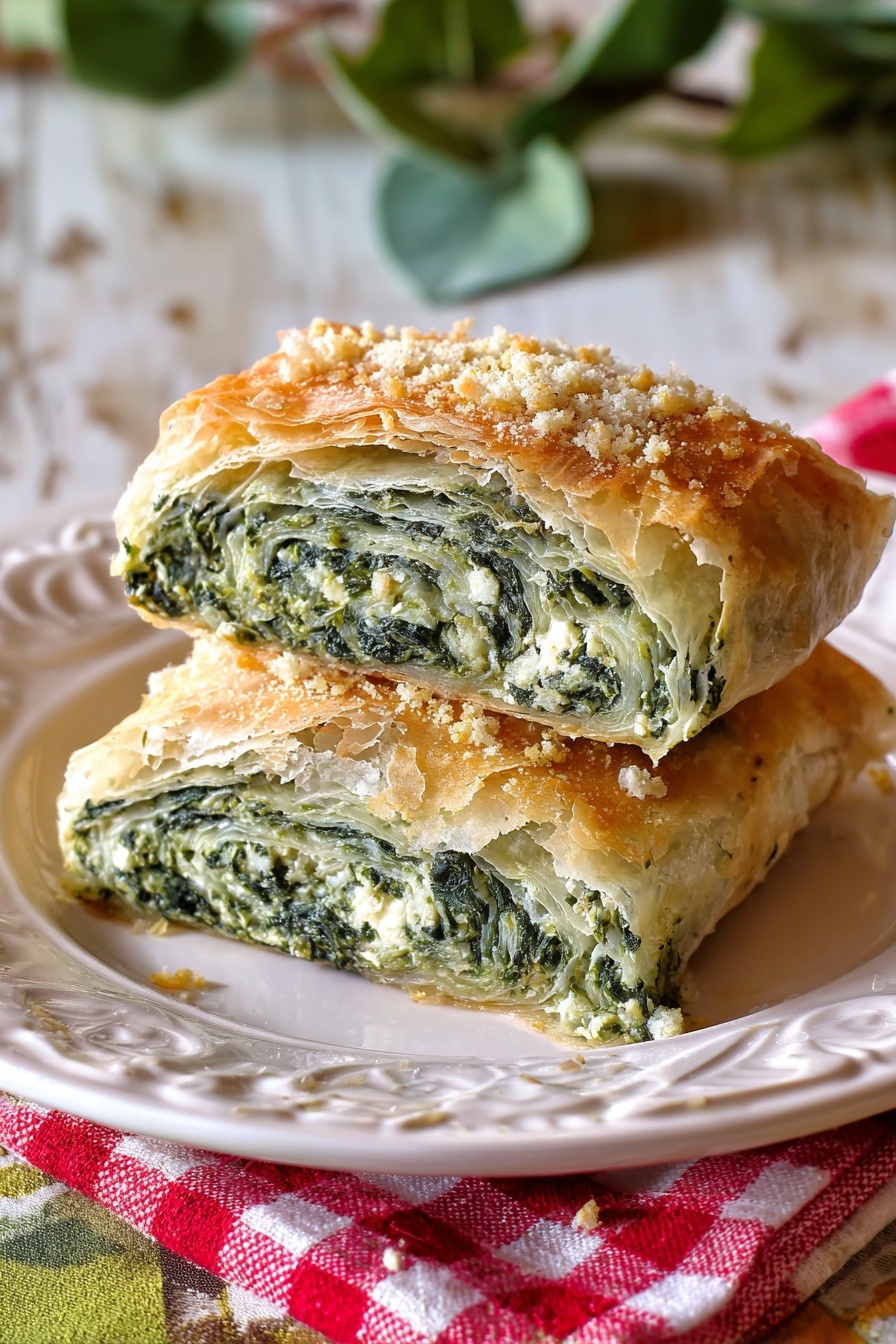 Two rectangular pieces of layered spinach pie are stacked on a white plate with a raised decorative pattern. Each piece has a top layer of light golden, flaky pastry with small sprinklings of coarsely ground spices or cheese, giving it a slightly textured look. Beneath the top crust, the filling is bright green with creamy white swirls, showing a dense, moist mixture of spinach and cheese. The edges are neatly folded, and the bottom crust is lightly browned but soft. The plate rests on a white marbled surface with some green leaves blurred in the background. Photo taken with an iphone --ar 2:3 --v 7 - Spinach and Ricotta Phyllo Rolls, vegetarian phyllo pastry, flaky spinach cheese rolls, easy spinach ricotta appetizer, savory vegetarian finger food