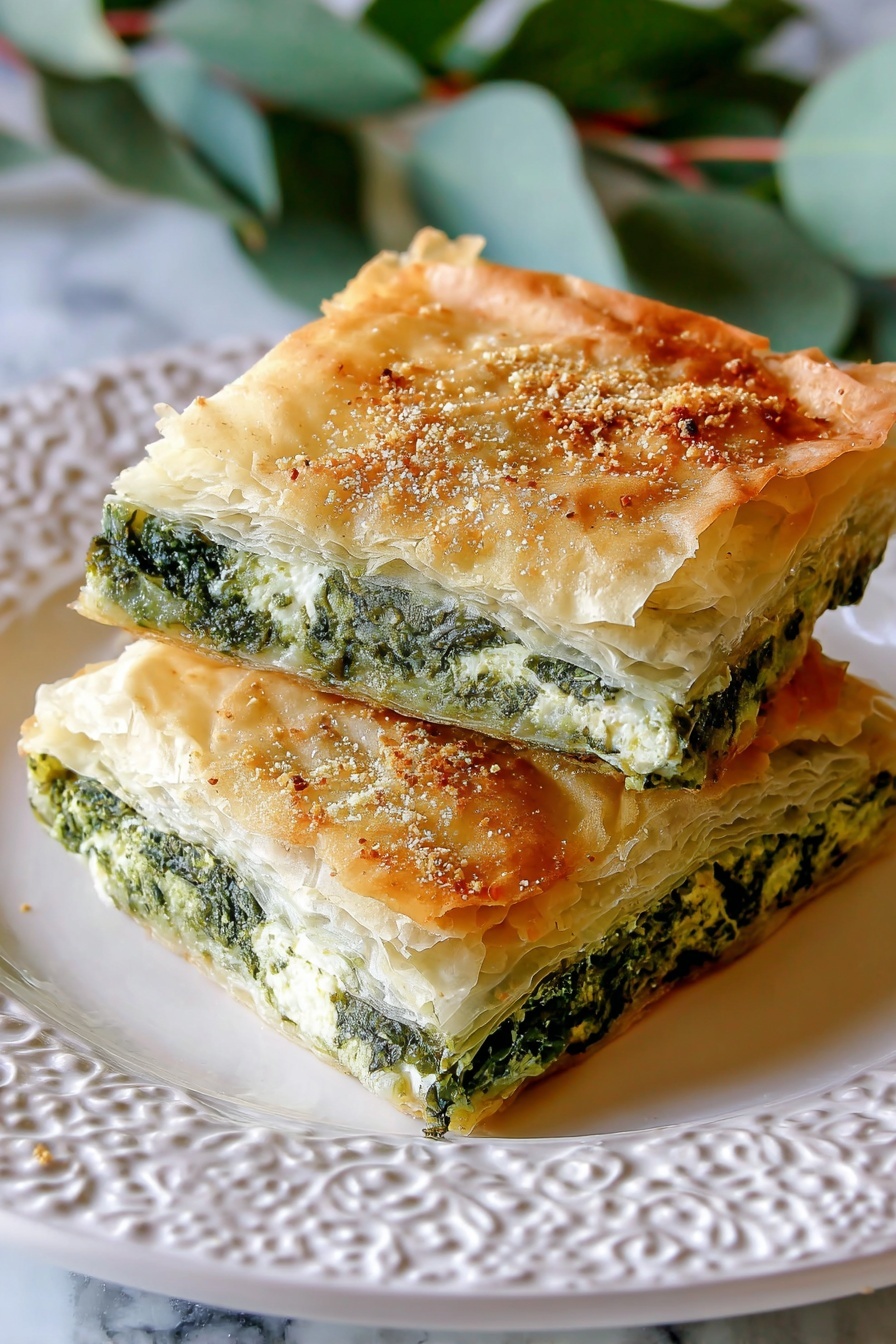 A close-up view of two thick slices of spinach and cheese pastry stacked on a white plate with a decorative rim. The pastry has a flaky, light brown top layer covered with a sprinkling of grated cheese or breadcrumbs, giving it a slightly rough texture. Inside, the filling is layered with dark and light green spinach mixed with creamy white cheese, creating a swirled, soft texture. The pastry base is thin and golden brown, supporting the dense, moist filling. The background shows soft green and purple blurred elements, all set on a white marbled surface. Photo taken with an iphone --ar 2:3 --v 7 - Spinach and Ricotta Phyllo Rolls, vegetarian phyllo pastry, flaky spinach cheese rolls, easy spinach ricotta appetizer, savory vegetarian finger food