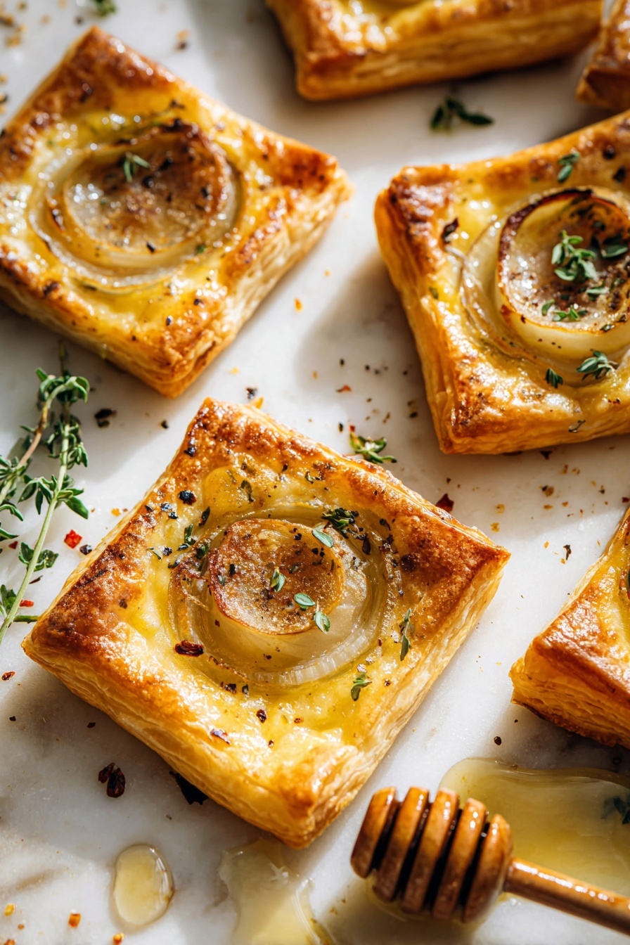 Several square puff pastry tarts are placed on a white marbled surface. Each tart has three main layers: a golden-brown crispy pastry base, a lighter yellow layer of melted cheese, and a thin, translucent round slice of cooked onion in the center. The onion slices have a slightly caramelized texture with some darker, browned edges. Small green fresh herb leaves, likely thyme, are scattered on top, along with a sprinkling of black pepper and red chili flakes. A honey dipper with some honey spilled near the tarts is visible on the right side of the image, adding a sticky shine to the scene. The light creates soft shadows that highlight the flaky texture of the pastry and the shine on the onions. Photo taken with an iphone --ar 2:3 --v 7 - Upside-Down Onion and Gruyere Tarts, caramelized onion tart, savory puff pastry appetizer, French onion tart recipe, elegant cheese tart