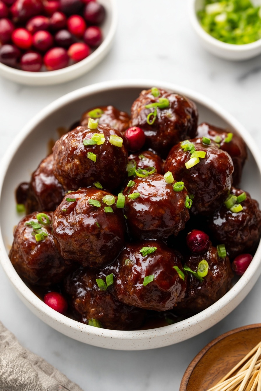 A white bowl filled with eight dark brown meatballs covered in glossy, thick sauce. The meatballs are round and uneven in shape, arranged close together, with small bright green chopped scallions sprinkled on top. A few red cranberries are visible between the meatballs at the base. The bowl sits on a white marbled surface surrounded by small white bowls of cranberries, scallions, and wooden picks. Photo taken with an iphone --ar 2:3 --v 7 - Cranberry BBQ Turkey Meatballs, easy festive meatballs, holiday appetizer recipes, cranberry sauce meatballs, savory turkey meatball ideas