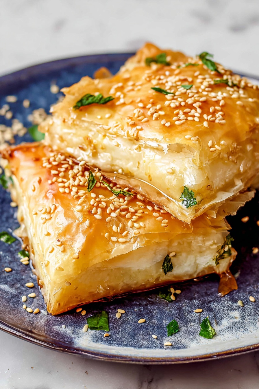Two square pieces of golden, flaky pastry sit on a white plate with a marbled texture, topped with shiny honey glaze and sprinkled with toasted sesame seeds and small green herb leaves. The top layer is crisp and slightly cracked, showing some thin edges peeling up, while the inside layer reveals a soft, creamy white filling. Loose sesame seeds scatter around the plate, adding texture, and the plate rests on a white marbled surface. Photo taken with an iphone --ar 2:3 --v 7 - Baked Feta with Honey and Phyllo, baked feta appetizer, honey and feta dip, flaky phyllo feta, sweet and savory feta dish