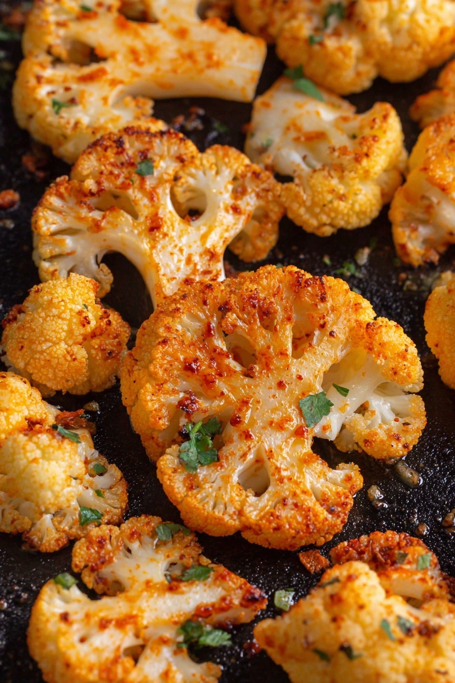 This image shows a close-up of roasted cauliflower slices laid out on a dark cooking surface. Each cauliflower slice has a golden-orange color from spices and roasting, with some crispy, slightly charred edges. The texture varies between tender white flesh inside and crunchy browned spots outside. Small bits of green herbs are sprinkled on top, adding color contrast. The cauliflower pieces vary in size but mostly are thick rounds or chunks with visible florets. photo taken with an iphone --ar 2:3 --v 7 - Oven Roasted Cauliflower, roasted cauliflower side dish, easy vegetable recipes, healthy roasted cauliflower, flavorful cauliflower recipes