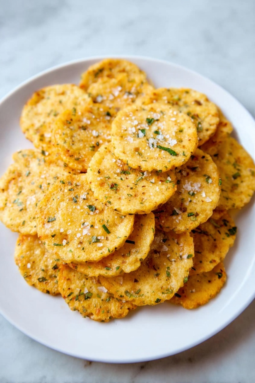A white plate holds a pile of small round crackers with a golden-yellow color. Each cracker is thin and has a rough texture with tiny green herb bits spread throughout. The crackers are stacked unevenly, some overlapping others, and have coarse sea salt crystals sprinkled on top, which add white specks. The plate is set on a white marbled surface. photo taken with an iphone --ar 2:3 --v 7 - Chipotle Cheddar Crackers, spicy cheddar cracker recipe, smoky jalapeño crackers, easy savory snack, homemade cheese crackers