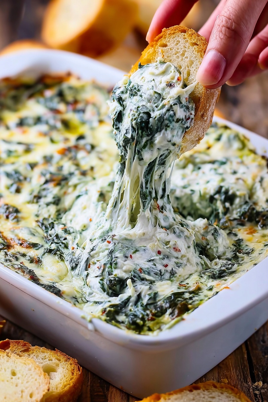 A white square dish is filled with creamy spinach dip that has a rich white color mixed with dark green spinach leaves and bits of melted light yellow cheese throughout. A woman's hand holding a piece of light brown crusty bread is dipping into the thick, stringy spinach dip, stretching the creamy mixture upwards. The dish is placed on a wooden surface with slices of bread blurred in the background. The creamy texture of the dip looks smooth and soft, with vibrant green spinach pieces scattered evenly. photo taken with an iphone --ar 2:3 --v 7 - Cheesy Spinach Dip, easy spinach dip recipe, creamy appetizer recipes, crowd-pleasing spinach dip, quick party snacks