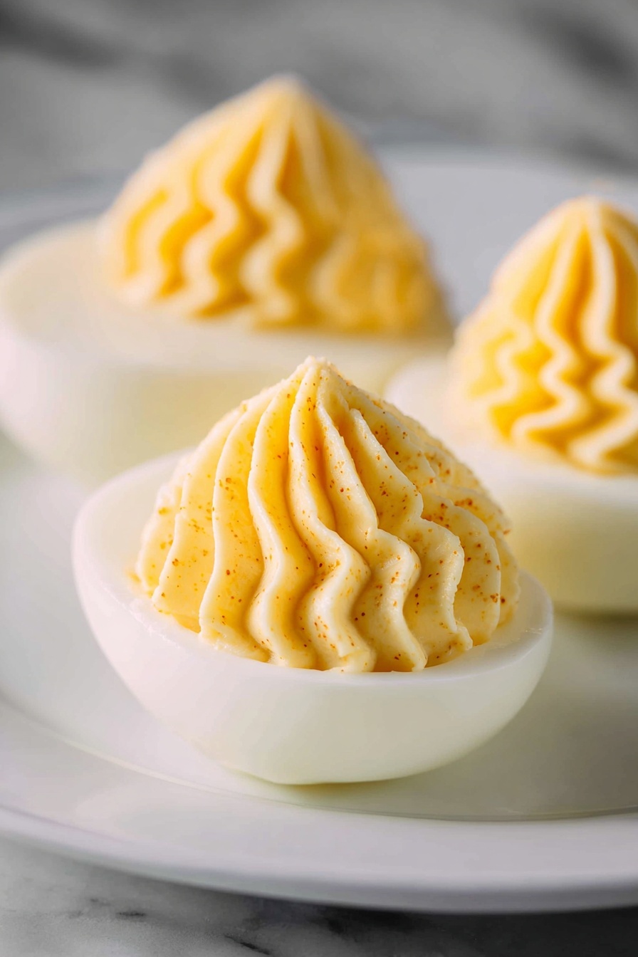 The image shows three deviled eggs on a white plate, each with a smooth white egg white base and a creamy yellow filling on top. The filling is piped in a decorative, ridged swirl with fine lines and small specks visible inside, giving a textured look. The eggs are arranged in a slight diagonal, with the closest egg in clear focus and the other two softly blurred in the background over a white marbled surface. The lighting highlights the creamy texture and soft shadows around the eggs, showing the delicate curves of the yolk mixture photo taken with an iphone --ar 2:3 --v 7 - Perfect Deviled Eggs, deviled eggs recipe, easy deviled eggs, party appetizer ideas, creamy deviled eggs