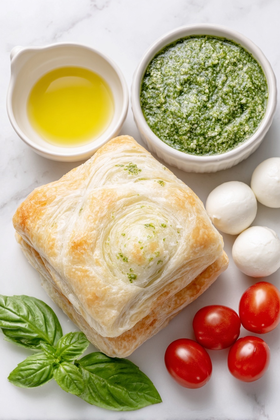 Flat lay of two sheets of fresh golden puff pastry neatly stacked, a small white ceramic bowl of vibrant green basil pesto, a few small balls of soft white mozzarella cheese, a cluster of bright red cherry tomatoes, a small white bowl containing clear melted butter, and a few bright green fresh basil leaves artfully arranged, placed on a clean white marble surface, soft natural light, photo taken with an iPhone, professional food photography style, fresh ingredients, white ceramic bowls, no bottles, no duplicates, no utensils, no packaging --ar 2:3 --v 7 --p m7354615311229779997 - Puff Pastry Christmas Tree Appetizer, festive holiday appetizers, easy Christmas party snacks, holiday appetizer ideas, Christmas appetizer recipes