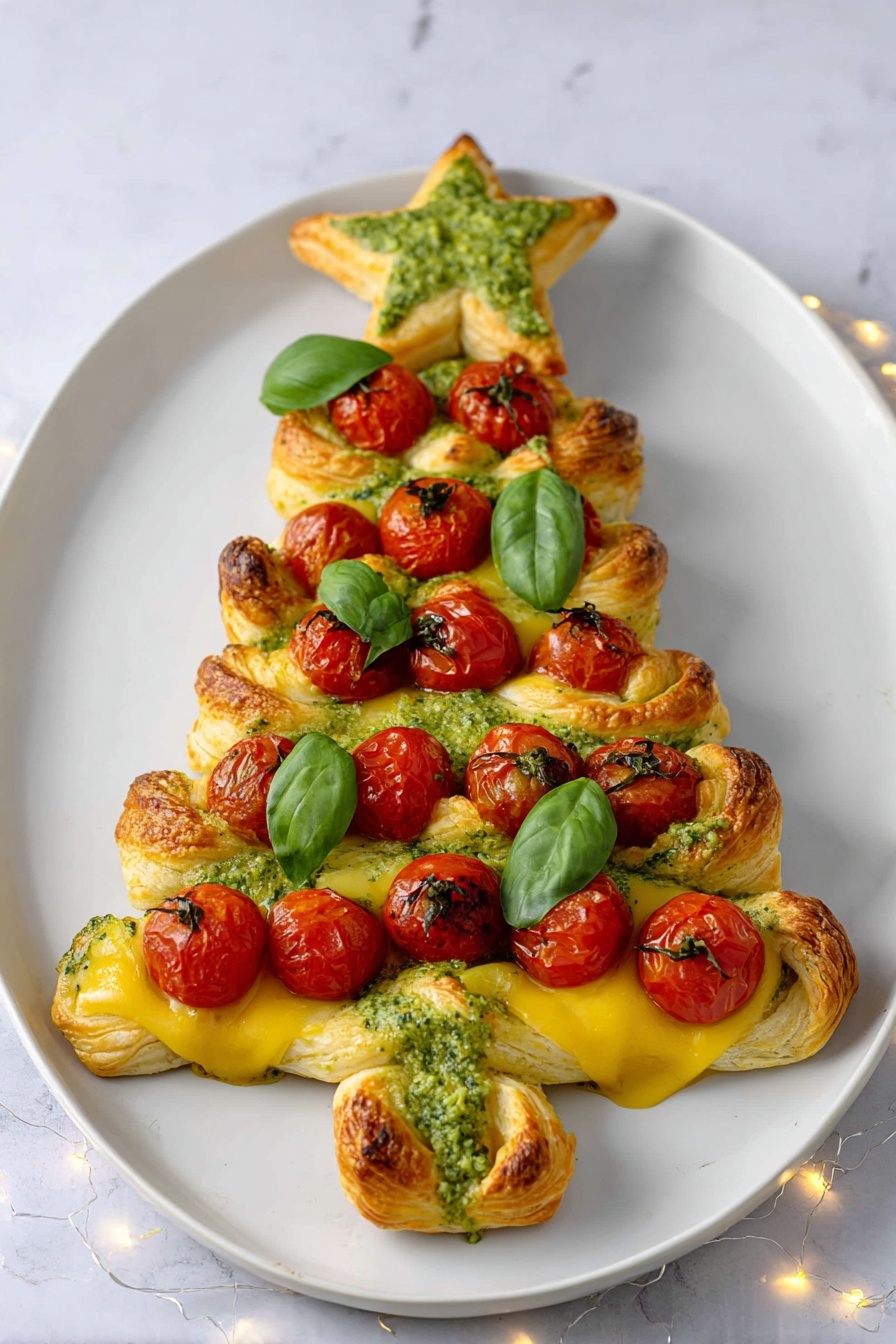 The dish is shaped like a Christmas tree on a white plate with a white marbled surface background. It has three main layers: the bottom and middle layers are made of golden brown puff pastry twisted into branches with a light green pesto sauce drizzled on top. The center layer is a smooth, bright yellow melted cheese base. Bright red cherry tomatoes are placed in vertical rows in the middle and among the branches, and fresh green basil leaves are scattered evenly on top for decoration. At the top of the tree is a star-shaped puff pastry piece with green pesto sauce in the center. Photo taken with an iphone --ar 2:3 --v 7 - Puff Pastry Christmas Tree Appetizer, festive holiday appetizers, easy Christmas party snacks, holiday appetizer ideas, Christmas appetizer recipes
