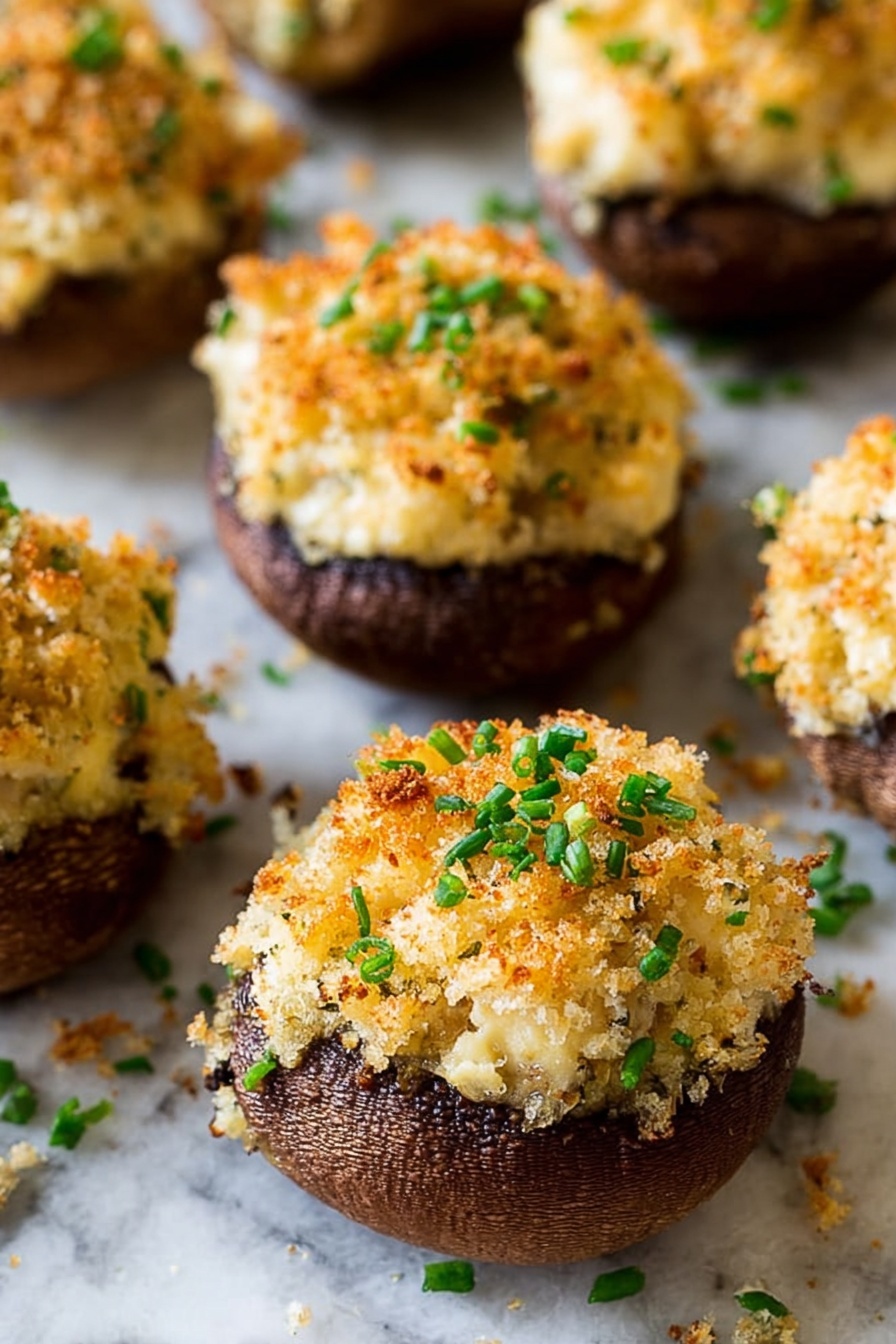 This image shows close-up stuffed mushrooms placed on a white marbled surface. Each mushroom has a dark brown base that is hollowed out and filled with a thick, creamy light beige filling. On top of the filling, there is a golden brown, crunchy breadcrumb layer with a rough texture. Small bright green chopped chives are sprinkled over the breadcrumbs, adding a fresh pop of color. The mushrooms are arranged closely together, showing a warm, baked look with slight browning on the crumbs. photo taken with an iphone --ar 2:3 --v 7 - Crab Stuffed Mushrooms, Elegant appetizer with crab, Easy seafood appetizer, Cheesy stuffed mushrooms, Party finger foods