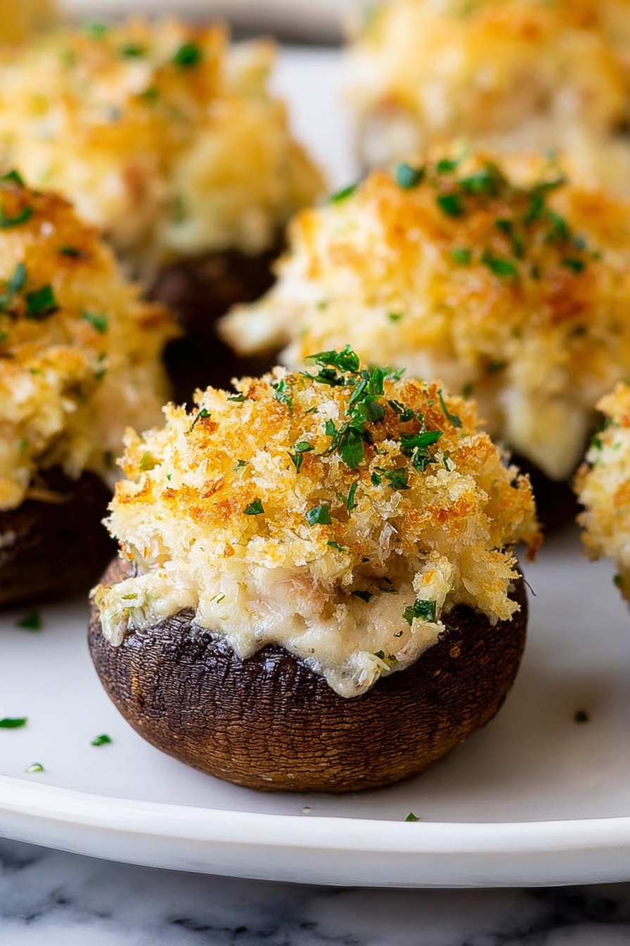 The image shows several stuffed mushrooms on a white plate against a white marbled surface. Each mushroom has a dark brown cap as the base layer, topped with a light creamy filling that looks soft and slightly stringy. On top of this filling, there is a layer of golden brown crispy breadcrumbs, sprinkled with small pieces of green herbs. The mushrooms are close together, with one in the front sharply in focus and the others softly blurred behind it. Photo taken with an iphone --ar 2:3 --v 7 - Crab Stuffed Mushrooms, Elegant appetizer with crab, Easy seafood appetizer, Cheesy stuffed mushrooms, Party finger foods