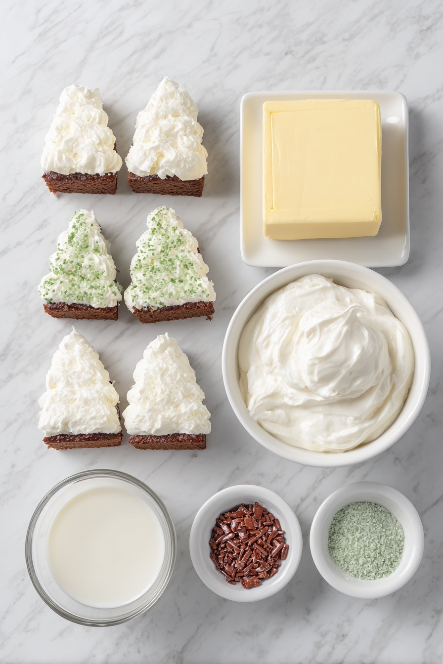 Flat lay of five small rectangular snack cakes decorated like Christmas trees with green and white frosting, one extra snack cake placed upright, a block of smooth cream cheese, a small white bowl filled with white cool whip, a tiny white bowl with clear milk, a tiny white bowl holding fine red sugar sprinkles, and another tiny white bowl with fine green sugar sprinkles, all arranged symmetrically and evenly spaced on a clean white marble surface, soft natural light, photo taken with an iPhone, professional food photography style, fresh ingredients, white ceramic bowls, no bottles, no duplicates, no utensils, no packaging --ar 2:3 --v 7 --p m7354615311229779997 - Christmas Tree Snack Cake Dip, festive holiday dessert, easy Christmas party dip, creamy Christmas cake dip, holiday treat recipes