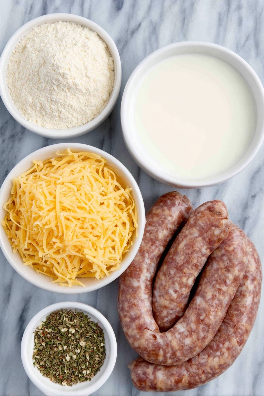 Flat lay of a small mound of pale beige Bisquick baking mix, a raw raw pork sausage link coiled loosely, a small white ceramic bowl filled with creamy milk, grated sharp cheddar cheese piled in a neat heap with vibrant deep orange and pale yellow shreds, and a small white ceramic bowl containing mixed dried Italian seasoning herbs in green and brown hues, all arranged symmetrically on a clean white marble surface, soft natural light, photo taken with an iPhone, professional food photography style, fresh ingredients, white ceramic bowls, no bottles, no duplicates, no utensils, no packaging --ar 2:3 --v 7 --p m7354615311229779997 - Baked Sausage Cheese Balls, Sausage Cheese Balls Recipe, Easy Savory Snacks, Party Appetizer Recipes, Cheesy Meatball Bites