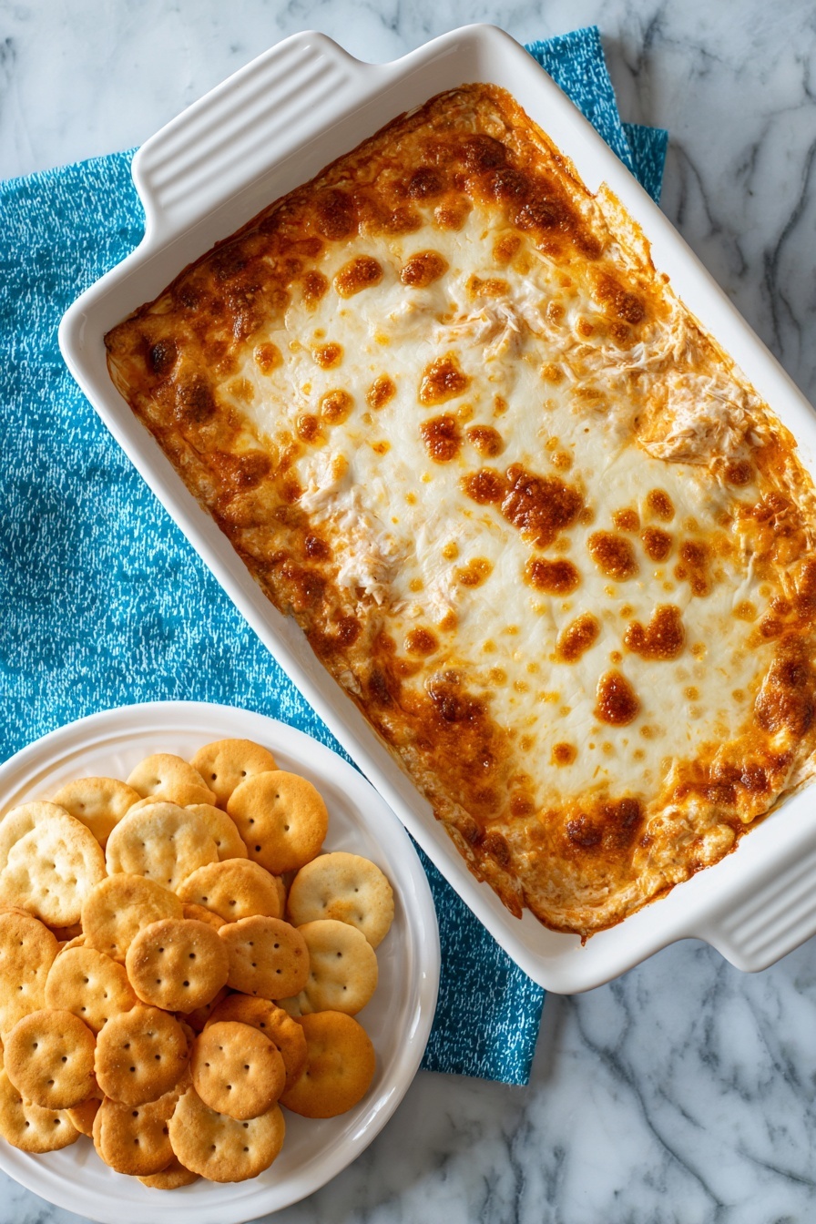 A white rectangular baking dish filled with a baked dip that has a golden brown and slightly crispy cheese layer on top. The dip’s surface looks bubbly and uneven with some darker browned spots, showing a textured melted cheese crust. Next to the dish on a white plate sit different kinds of light orange and tan crackers, some round and some square, placed on a white marbled surface with a blue cloth underneath the baking dish. Photo taken with an iphone --ar 2:3 --v 7 - Spicy Maryland Crab Dip, Maryland Crab Dip, Chesapeake Bay Crab Dip, Spicy Crab Dip, Crab Dip Appetizer