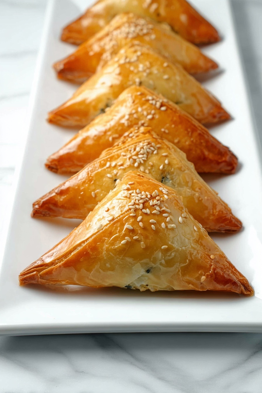A line of six triangular pastries with a shiny golden-brown crust is placed on a white rectangular plate. Each pastry is topped with a few scattered sesame seeds and shows slight cracks on the surface, suggesting a flaky texture. The pastries are arranged from the front to the back in a neat row, and the plate sits on a white marbled surface. The lighting highlights the glossy finish and soft texture of the pastry crust photo taken with an iphone --ar 2:3 --v 7 - Easy Spinach Phyllo Triangles, spinach and feta appetizers, flaky phyllo snack, healthy spinach finger food, quick Greek-inspired appetizers