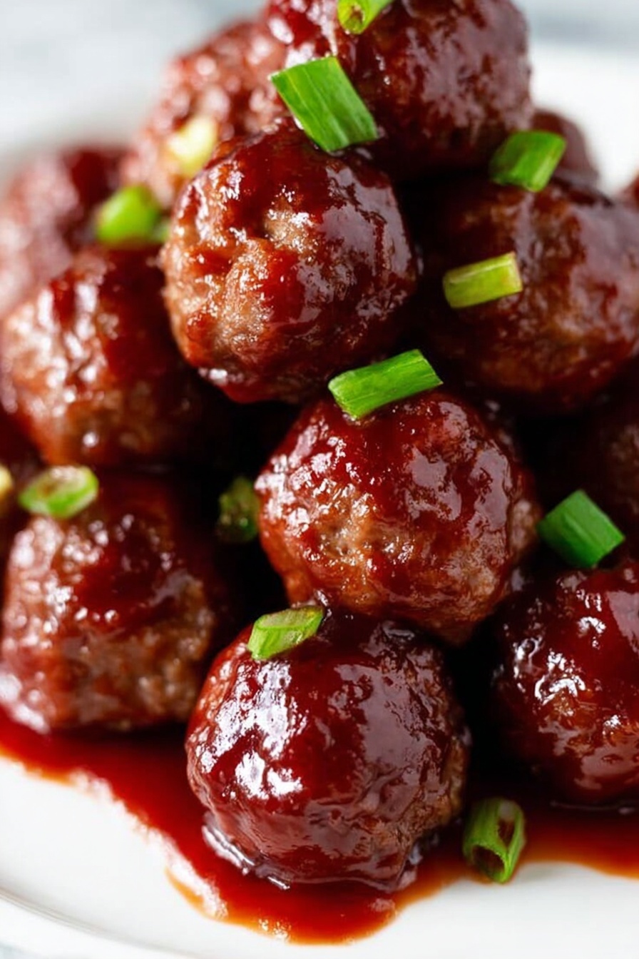 A close-up of many small round meatballs stacked on a white plate, each meatball coated in a thick, shiny dark red sauce that looks sticky and rich. Small pieces of bright green chopped scallions are scattered on and around the meatballs, adding contrast. The sauce pools around the base of the meatballs, enhancing the glossy texture. The background is a white marbled surface. photo taken with an iphone --ar 2:3 --v 7 - Easy Crockpot BBQ Meatballs, crockpot meatball recipes, effortless party appetizers, slow cooker meatballs, quick weeknight dinners