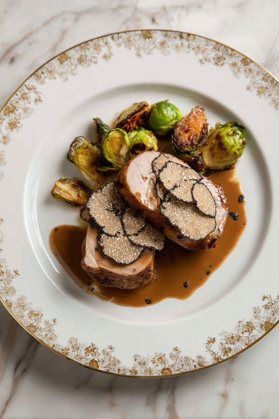 The dish shows two thick slices of cooked meat with a crispy brown outer layer, topped with thin dark brown truffle slices with white veining. The meat rests partly on a pool of shiny brown sauce that has a few small pieces in it. On the side, there are some roasted Brussels sprouts, showing green and toasted brown shades, and a small piece of roasted orange vegetable. All this is arranged neatly on a white plate with a delicate gold and white patterned rim, set on a white marbled surface. photo taken with an iphone --ar 2:3 --v 7 - Roast Christmas Goose with Crispy Skin, Christmas Goose recipe, holiday roast goose, crispy-skinned goose, festive holiday dinner ideas